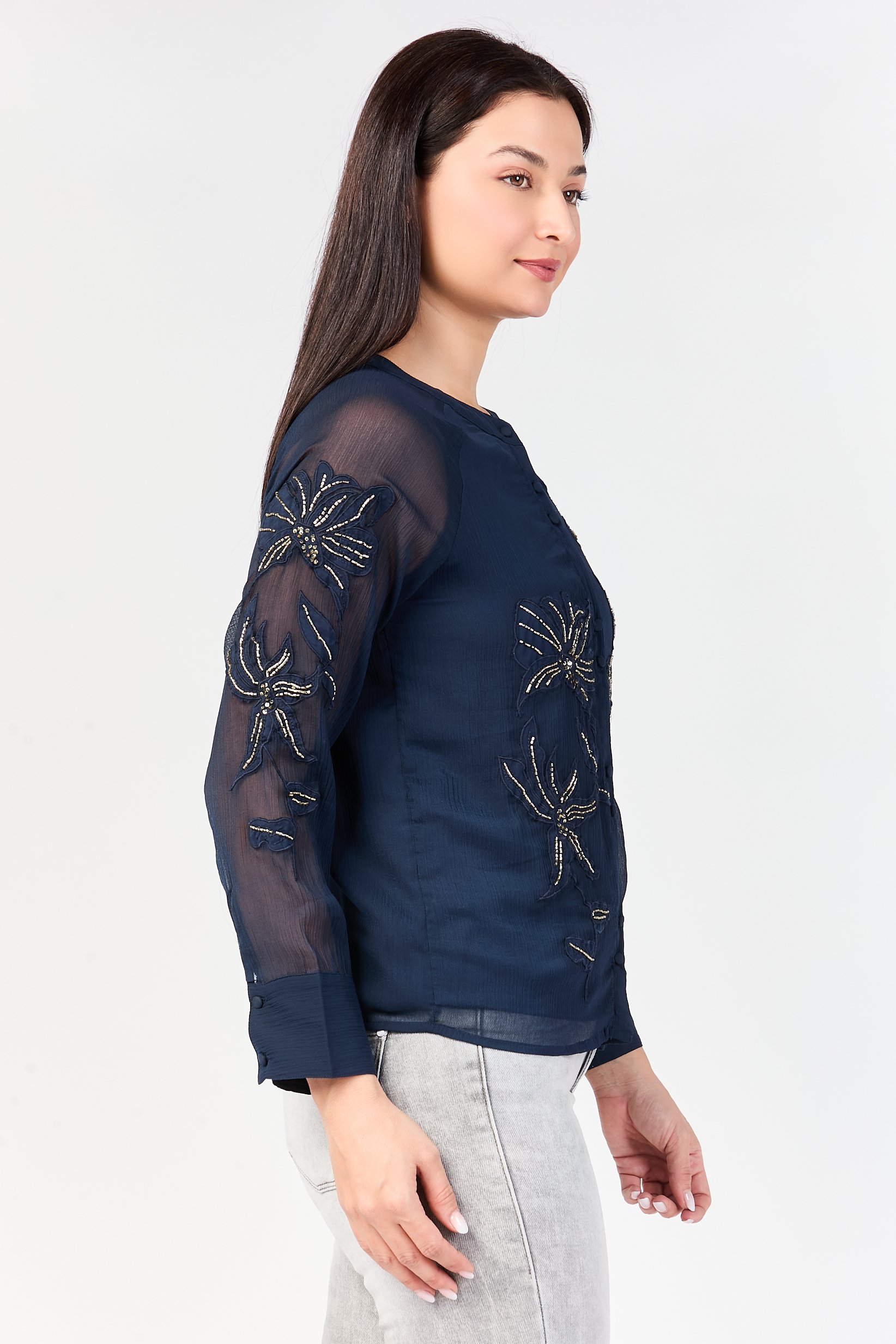 Buy Jason Wu Women Band Collar Textured Long Sleeve Shirt, Navy Online ...