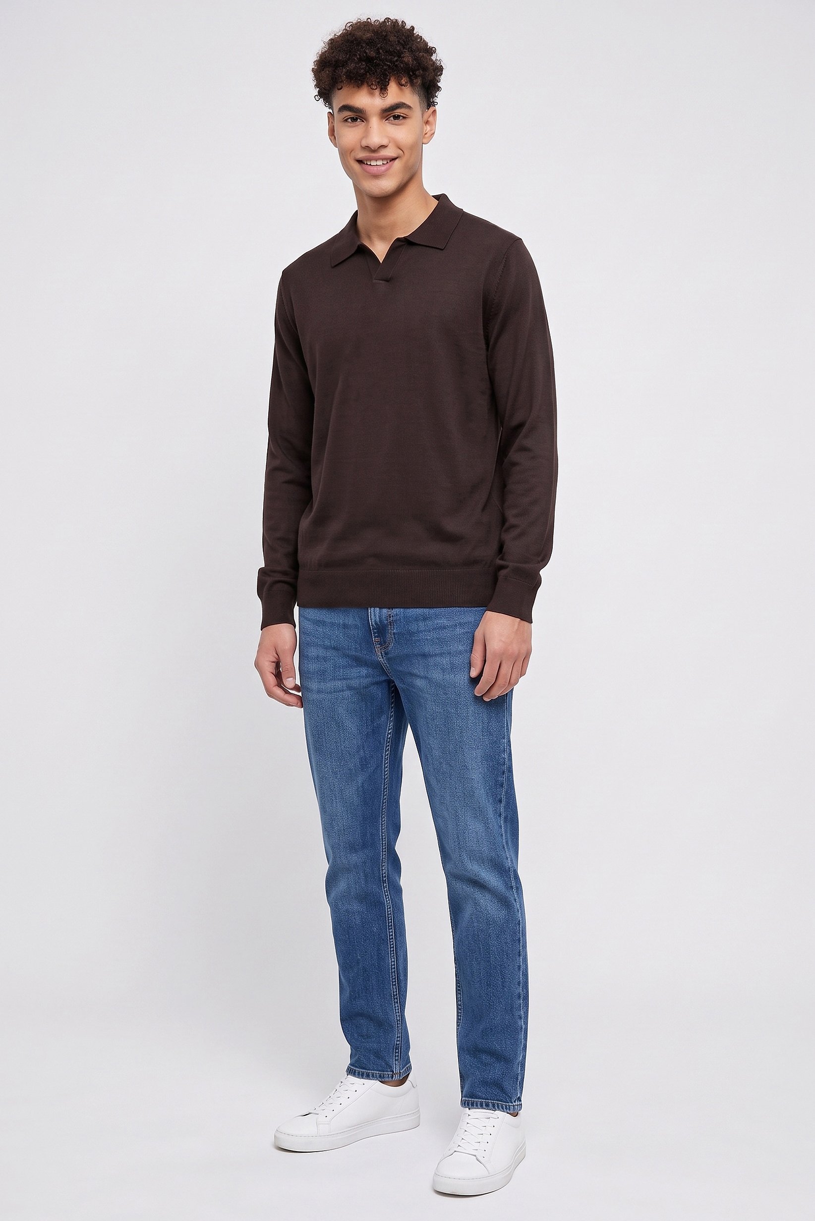 Men Spread Collar Textured Sweater, Dark Brown
