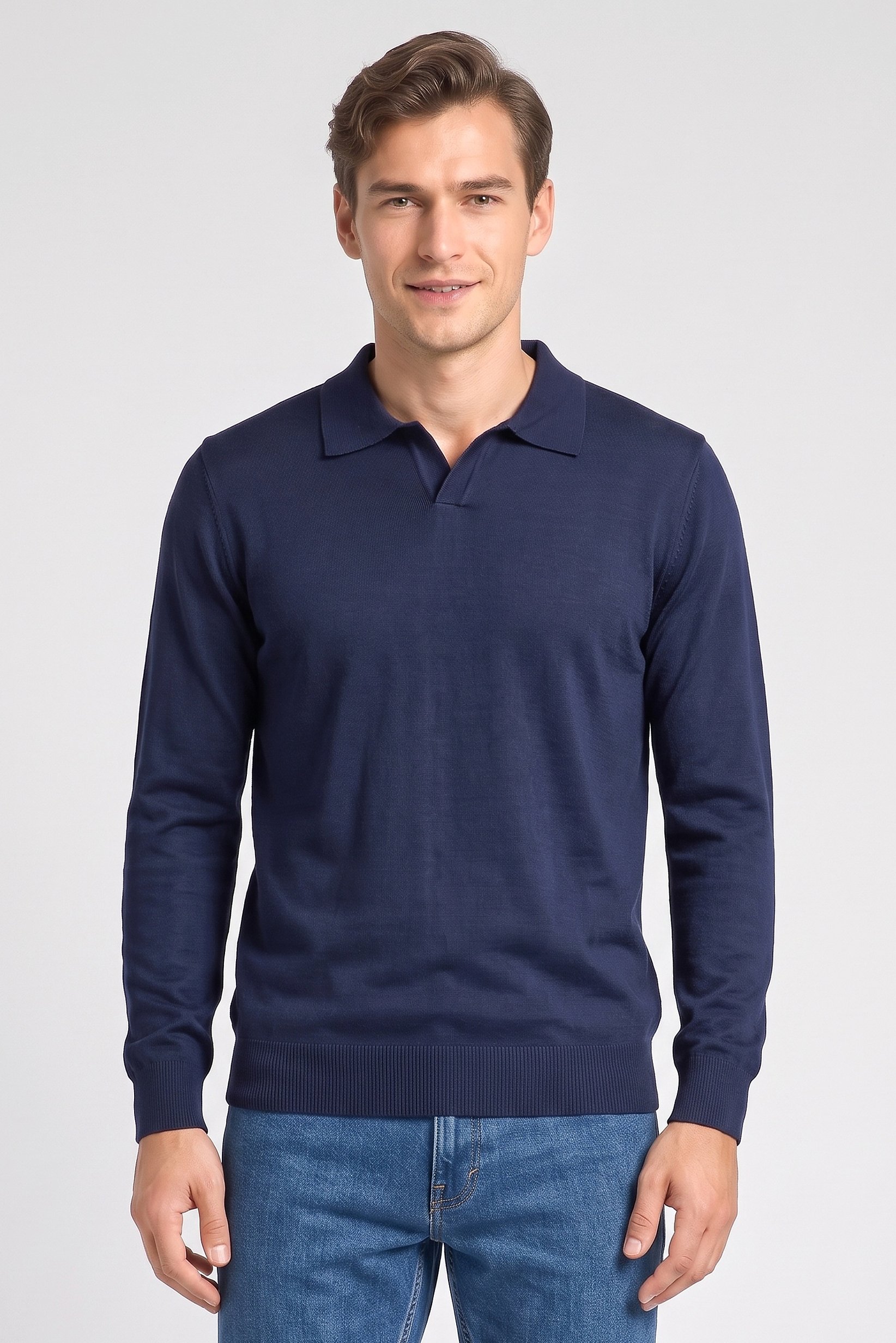 Men Spread Collar Knitted Sweater, Dark Navy