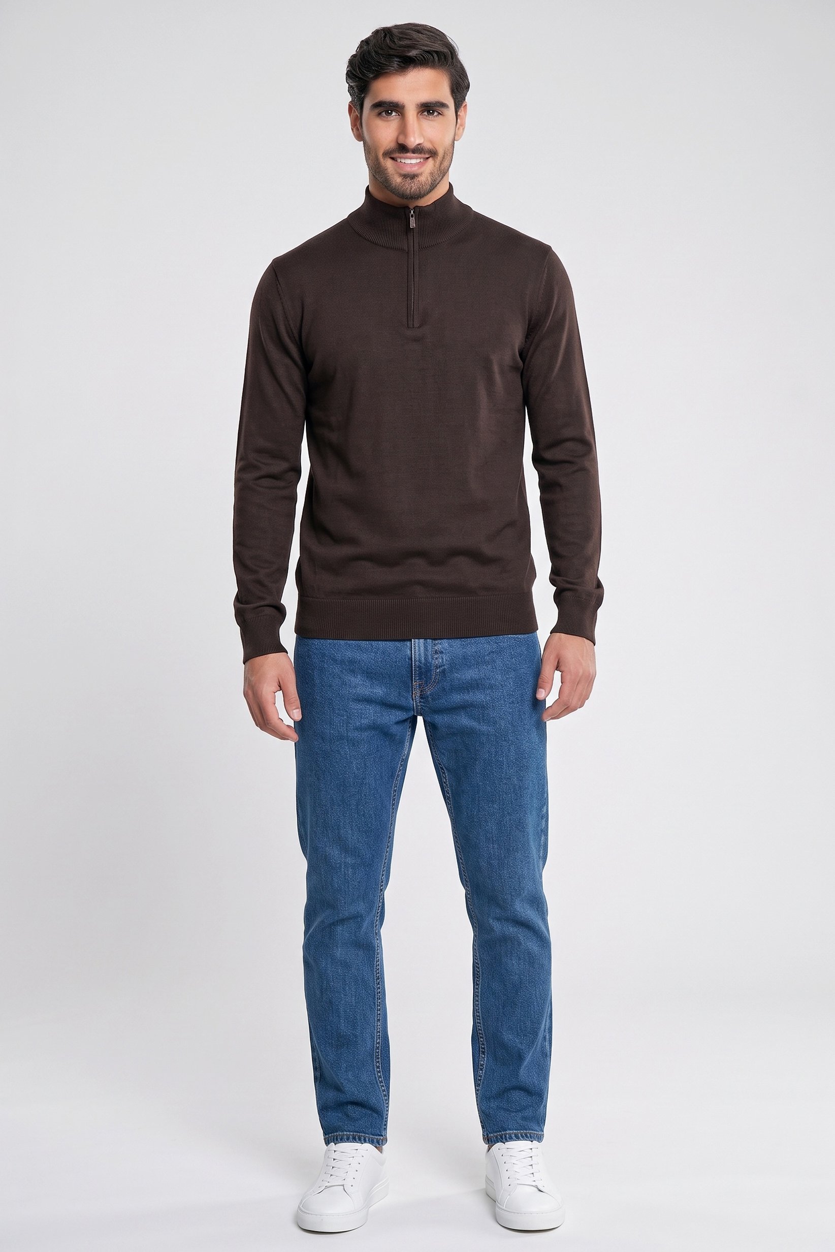 Men High Neck Long Sleeve Textured Sweater, Med Brown
