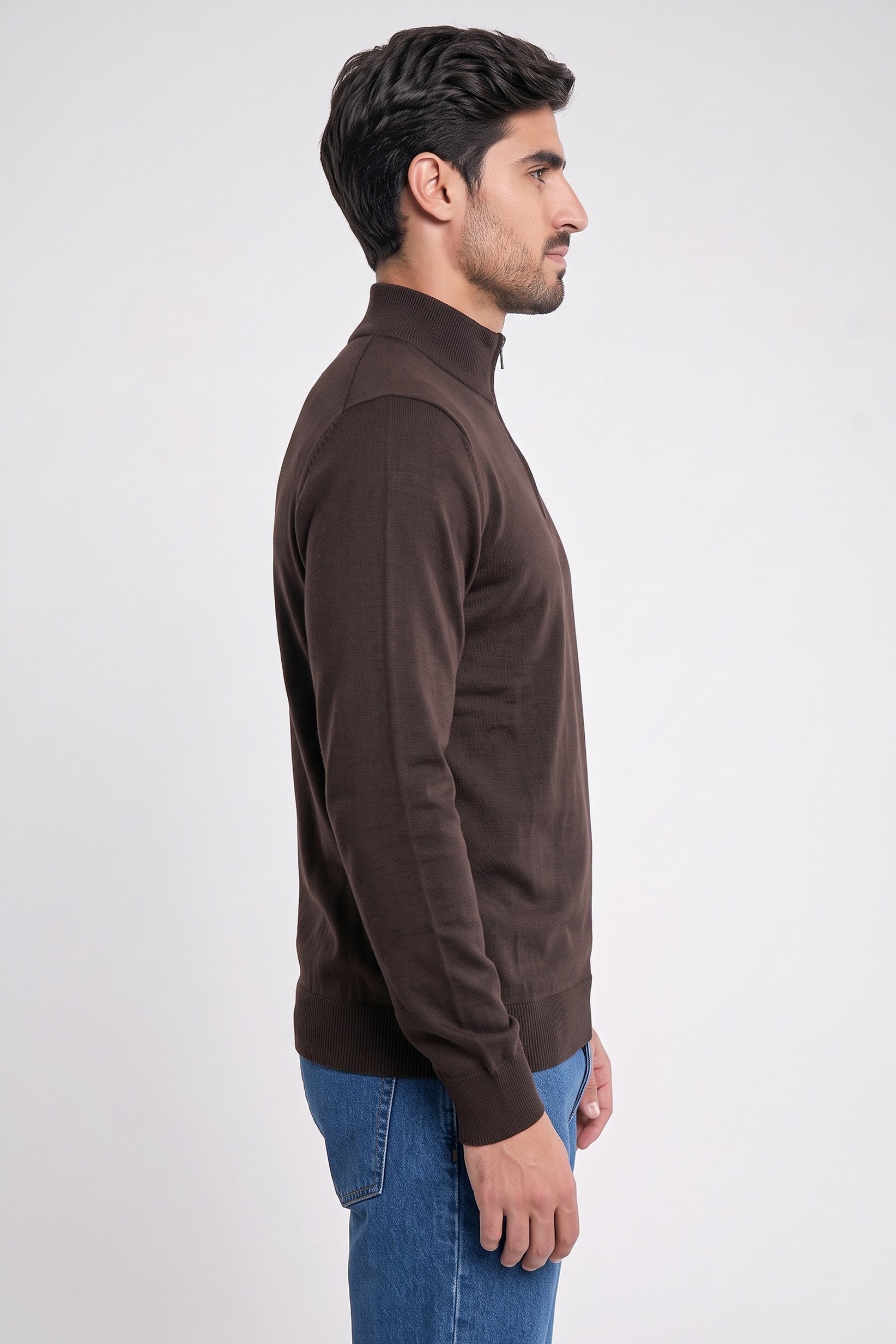 Men High Neck Long Sleeve Textured Sweater, Med Brown