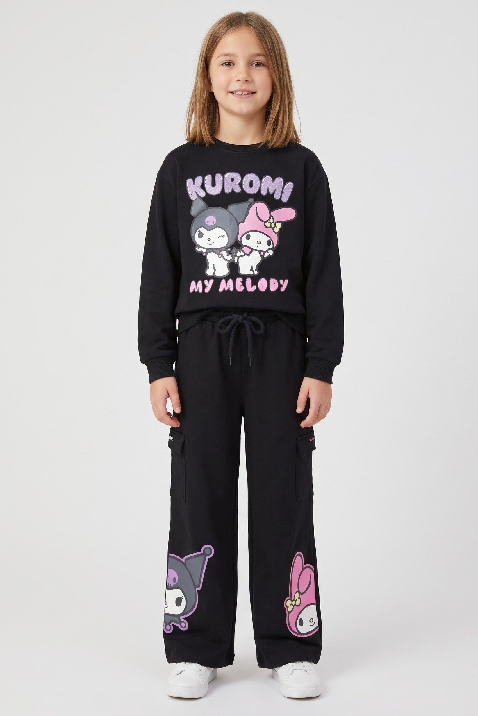 Kids Girl 2 Pieces Hello Kitty And Friend Sweatshirt And Pants Set, Black