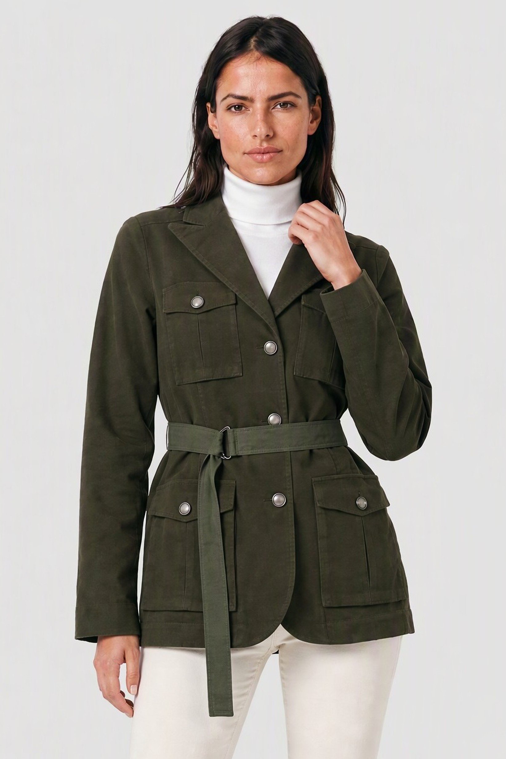 Women Textured Belted Jacket Shirt, Olive