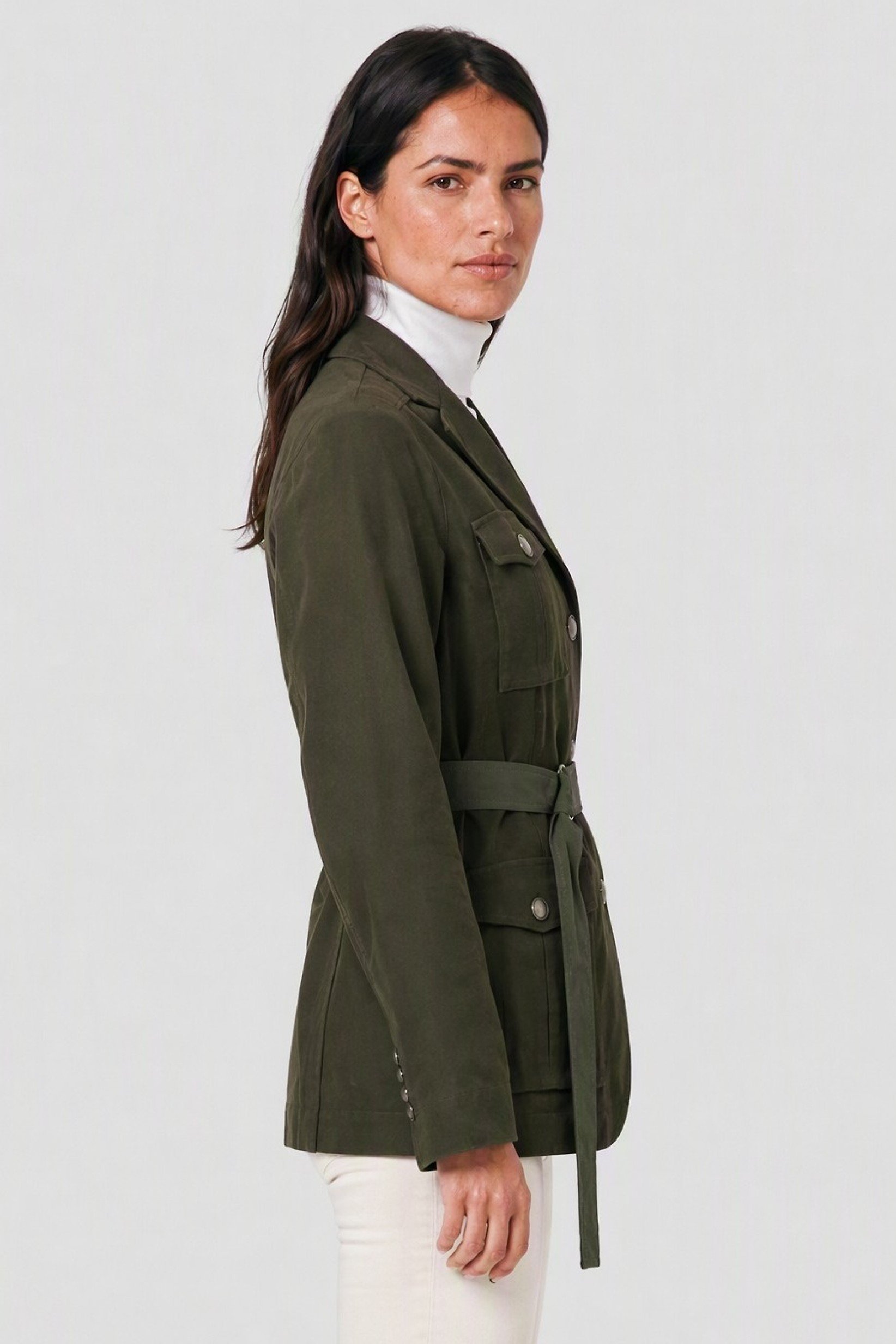 Women Textured Belted Jacket Shirt, Olive
