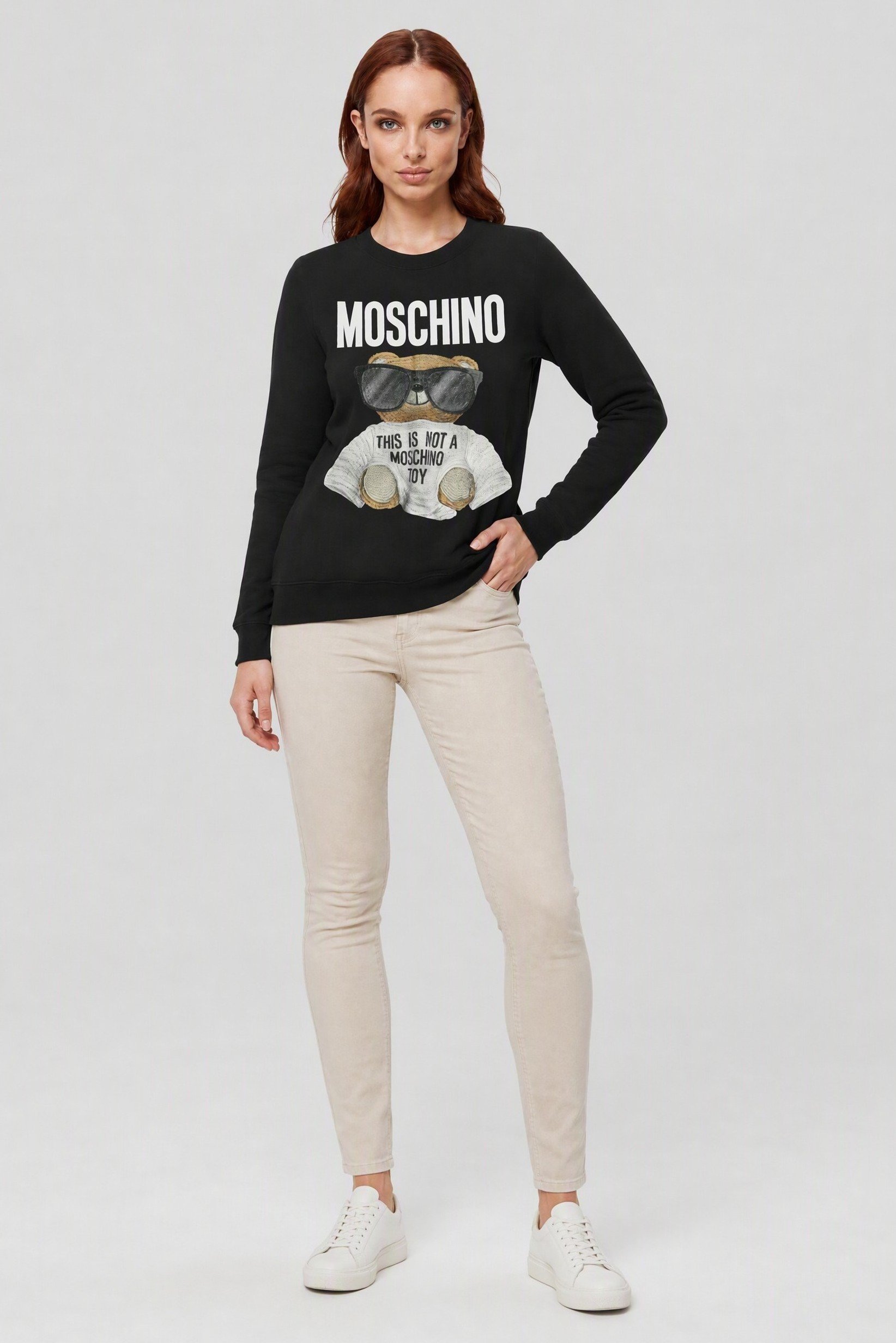 Women Ribbed Neck Long Sleeve Embroidered Sweatshirt, Black