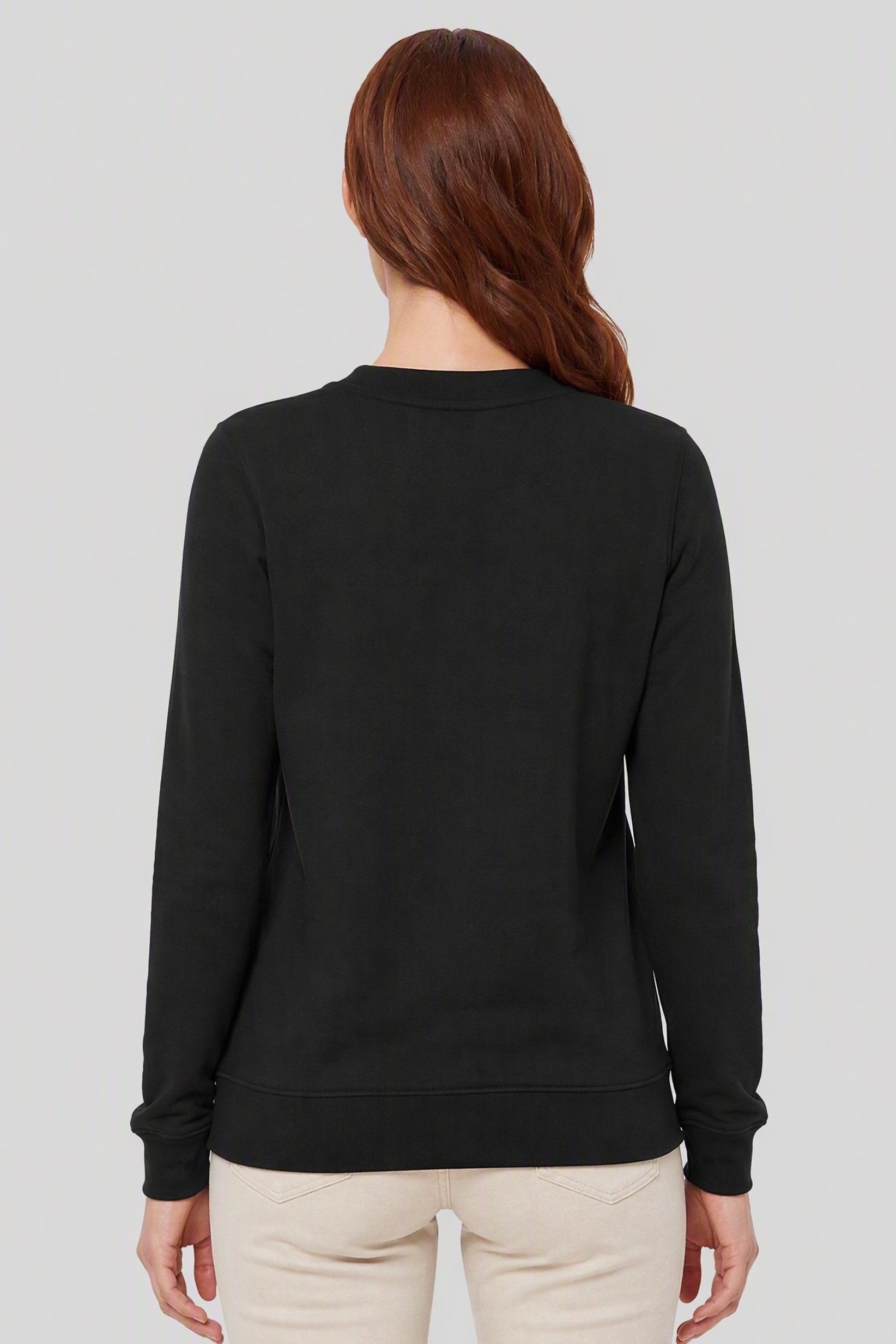 Women Ribbed Neck Long Sleeve Embroidered Sweatshirt, Black