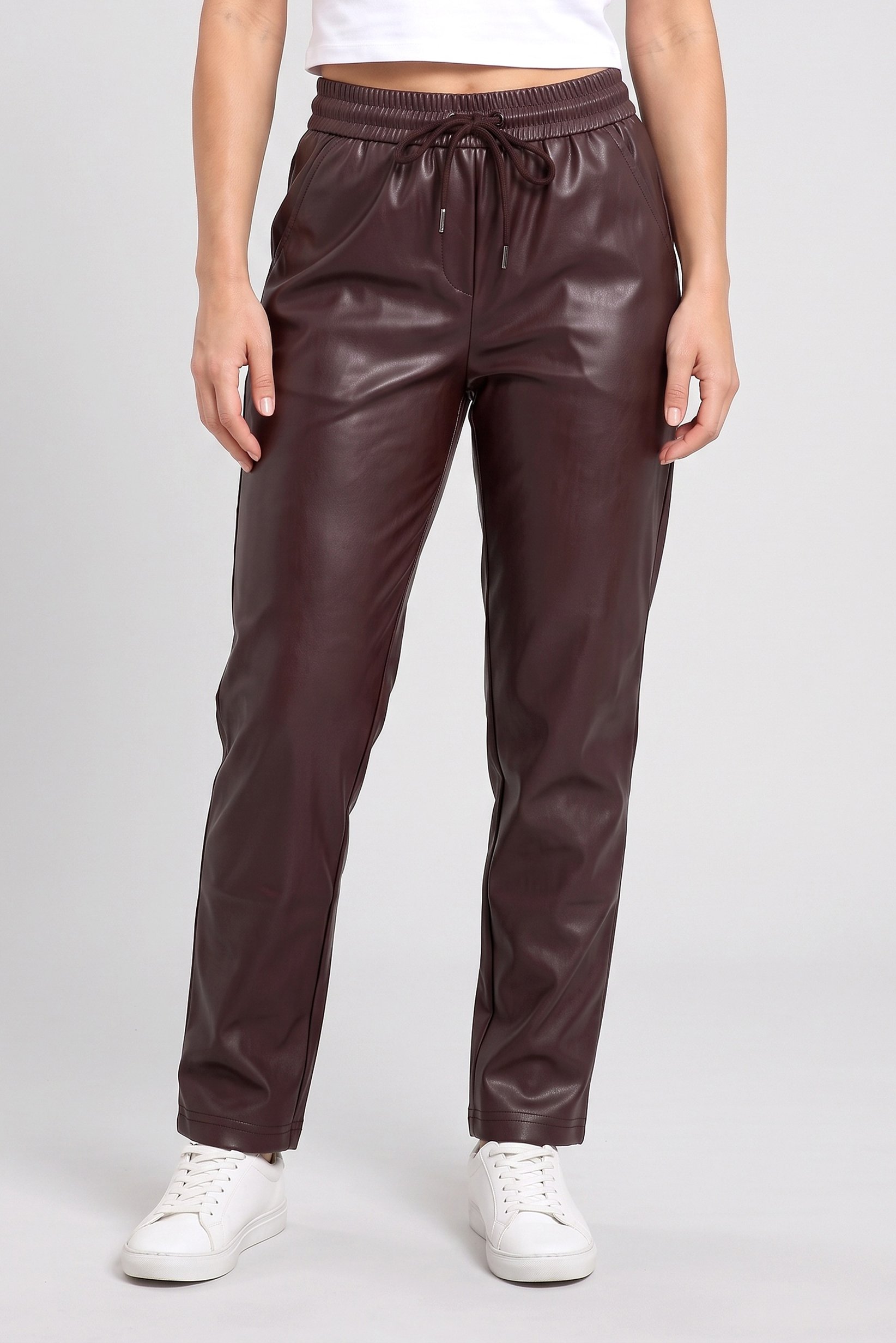 Women Solid Straight Leg Pants, Brown