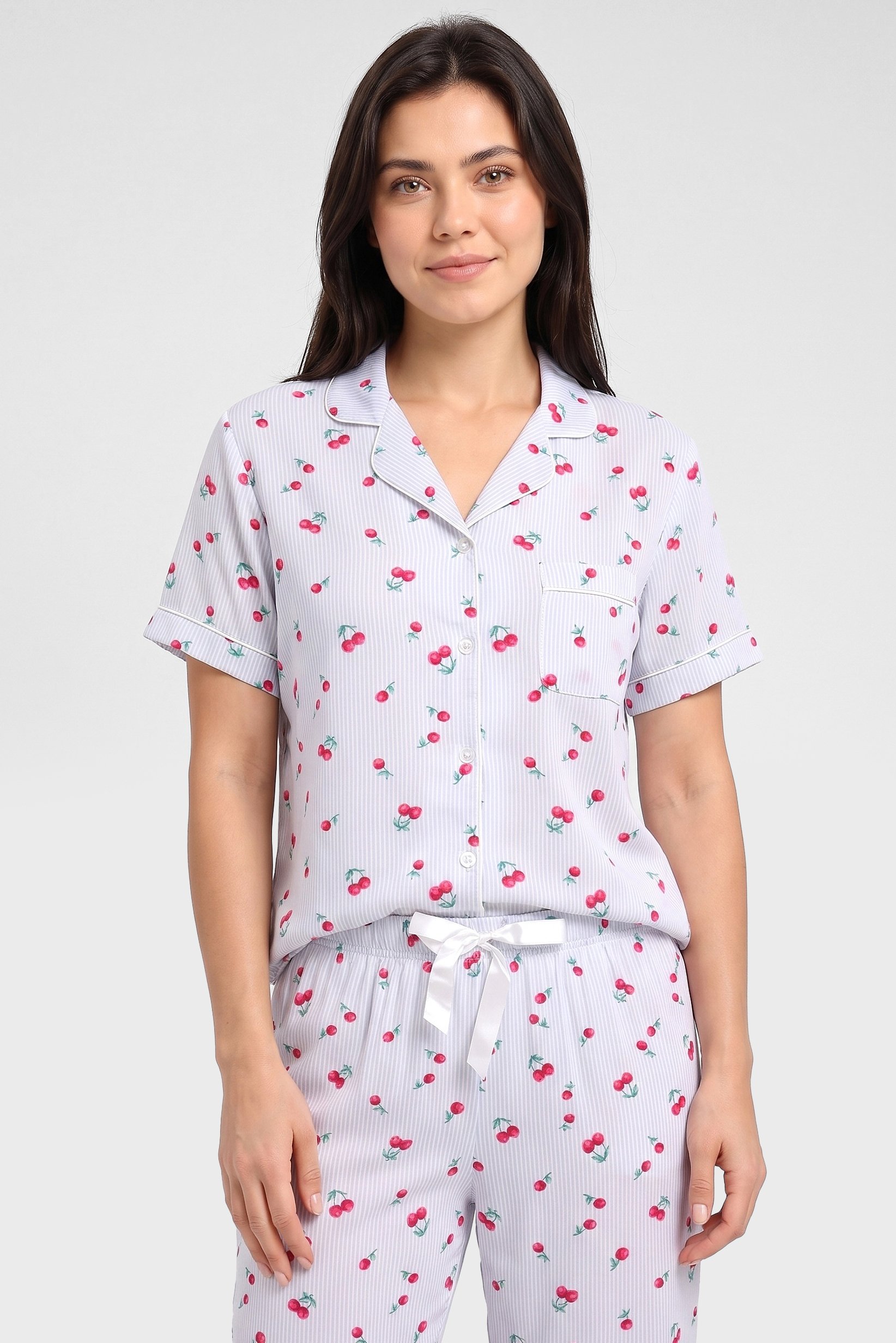 Women 2 Pieces Allover Print Short Sleeve Shirt With Pants Sleepwear Set, Multicolor