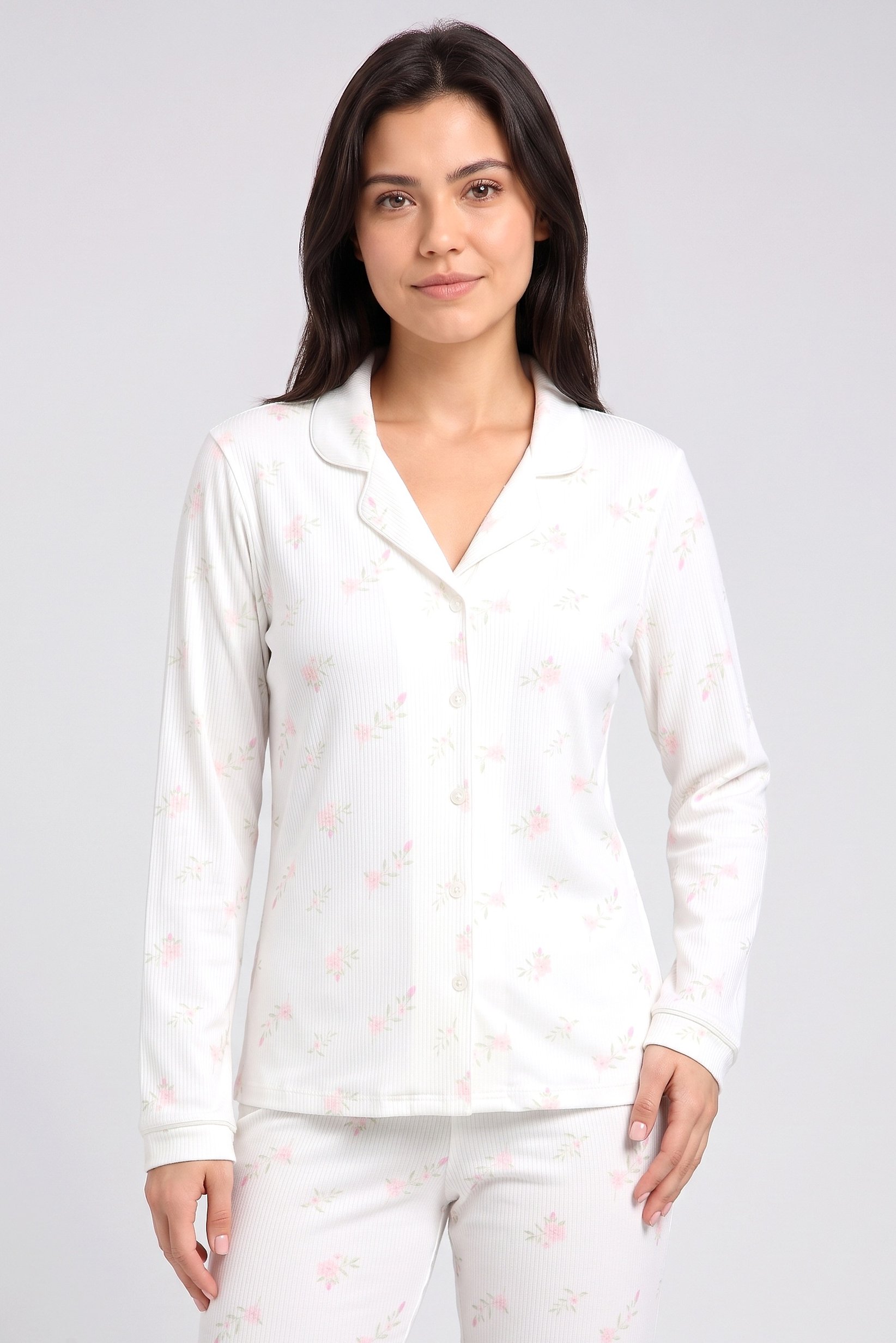 Women 2 Pieces Allover Print Long Sleeve Shirt With Pants Sleepwear Set, Multicolor