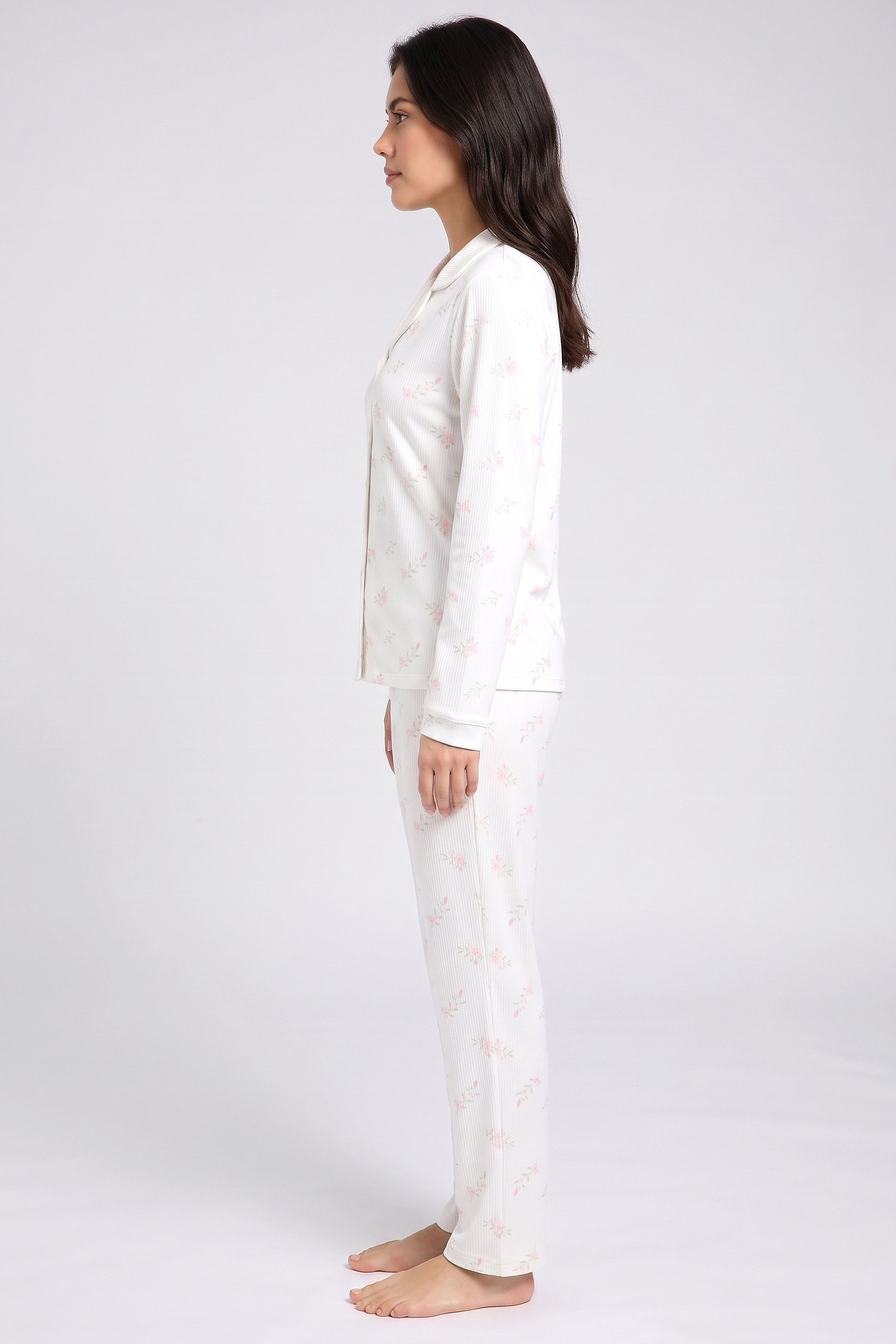 Women 2 Pieces Allover Print Long Sleeve Shirt With Pants Sleepwear Set, Multicolor
