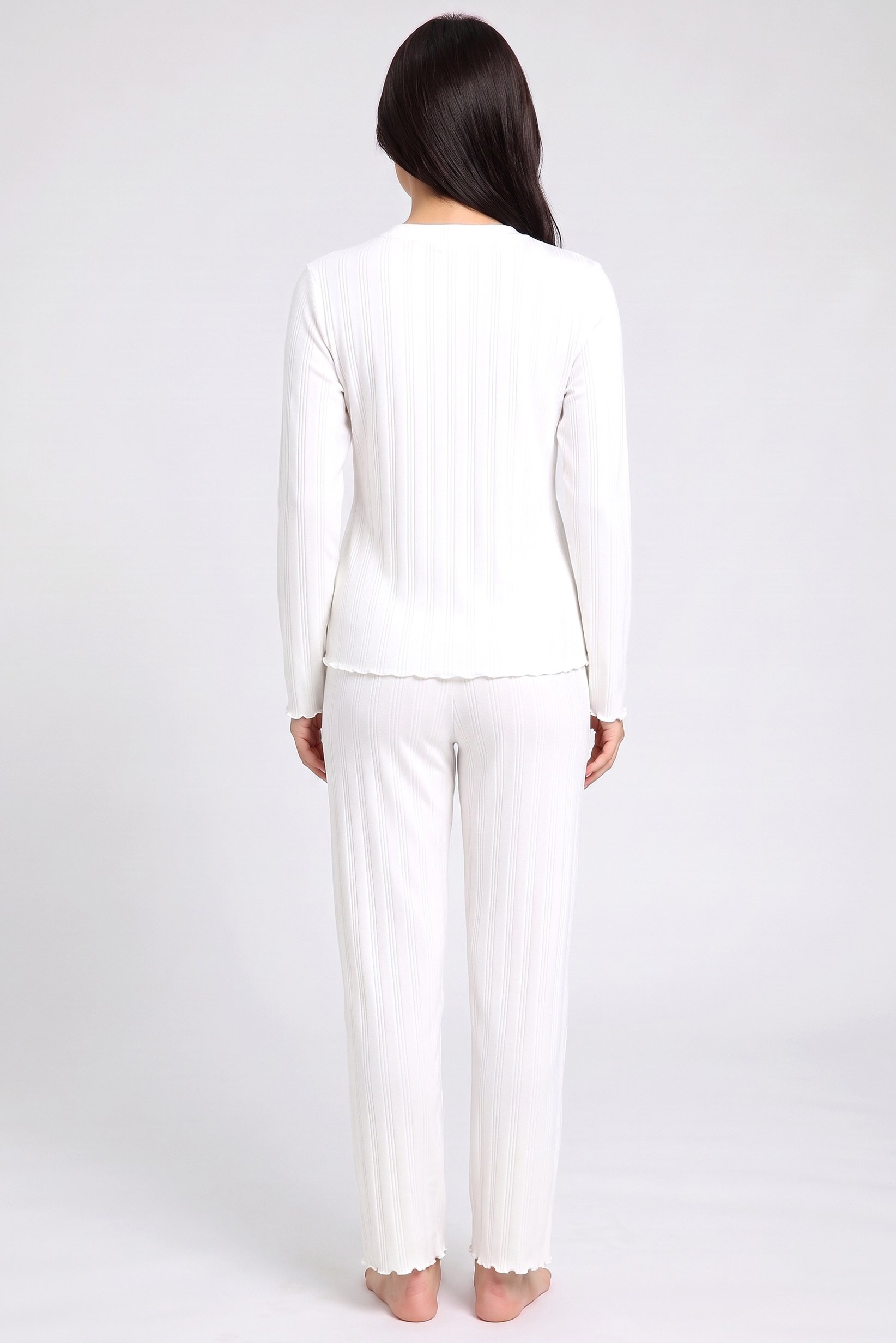 Women 2 Pieces Textured Long Sleeve Pyjama Top And Pants Set, White