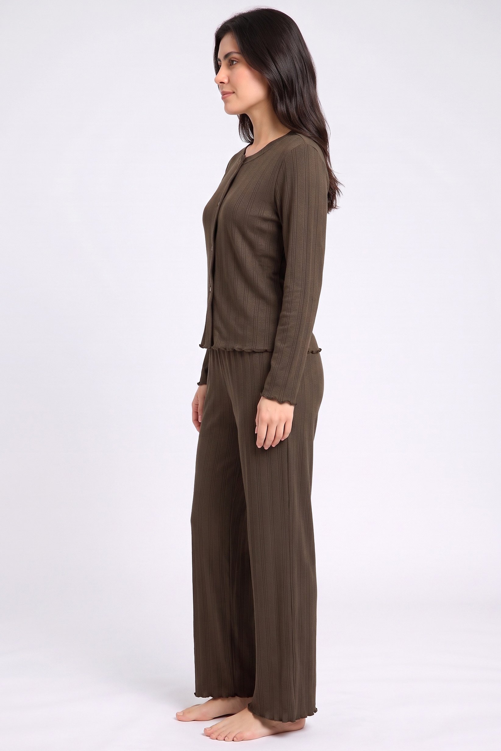 Women 2 Pieces Long Sleeve Top And Bottom Pajama Set, Dark Olive
