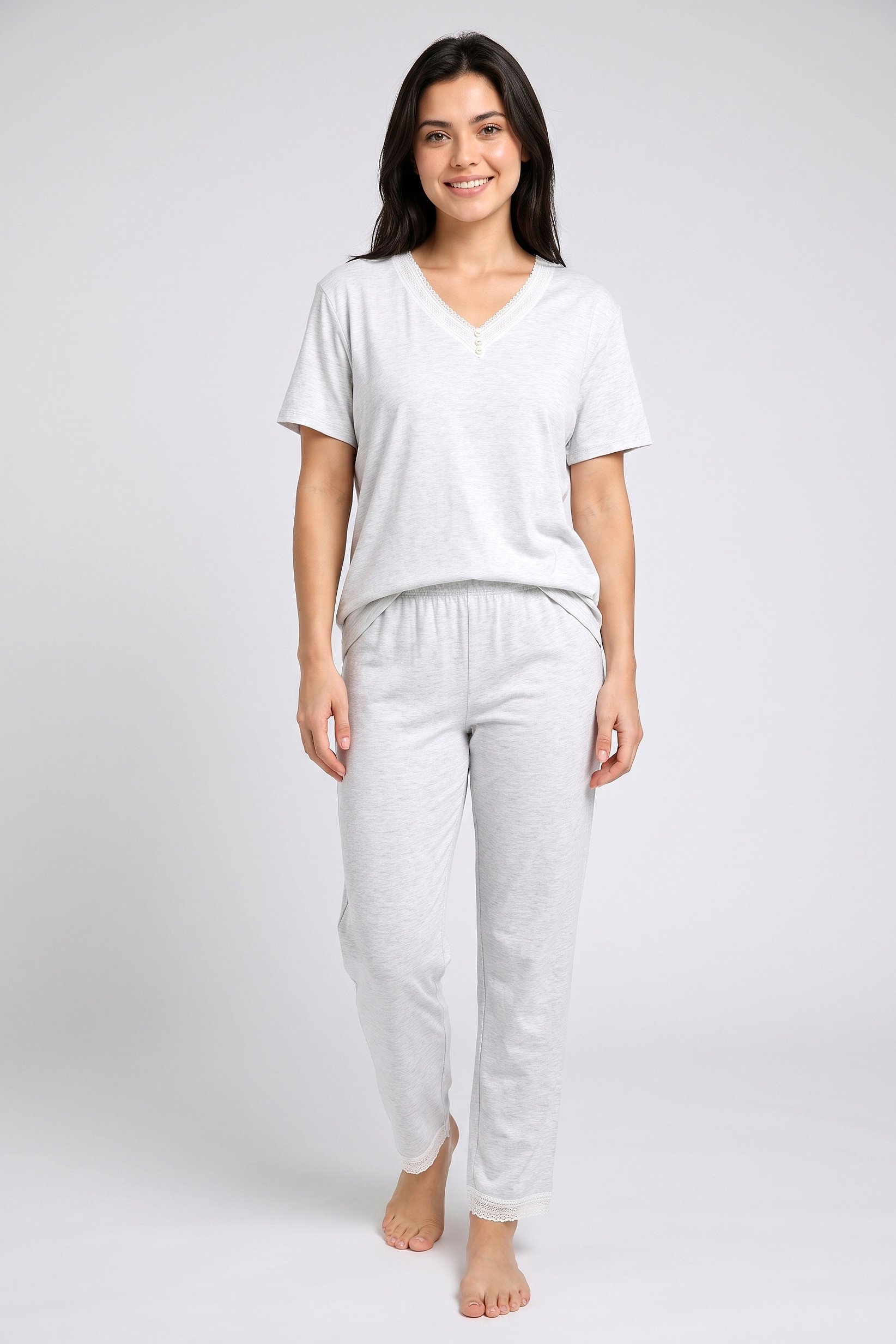 Women 2 Pieces Heather Top And Bottom Pyjama Set, Light Grey