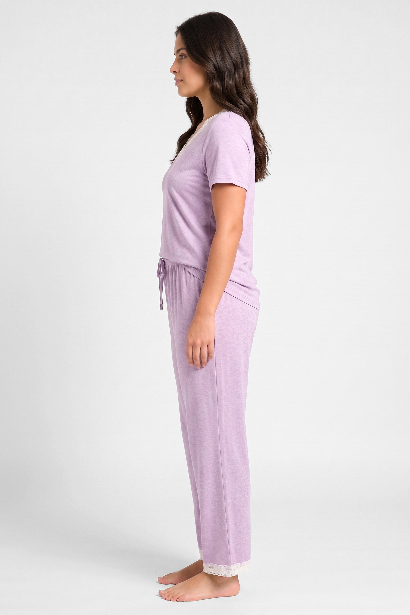 Women 2 Pcs Heather Short Sleeve T-Shirt And Pants Pyjama Set, Light Purple