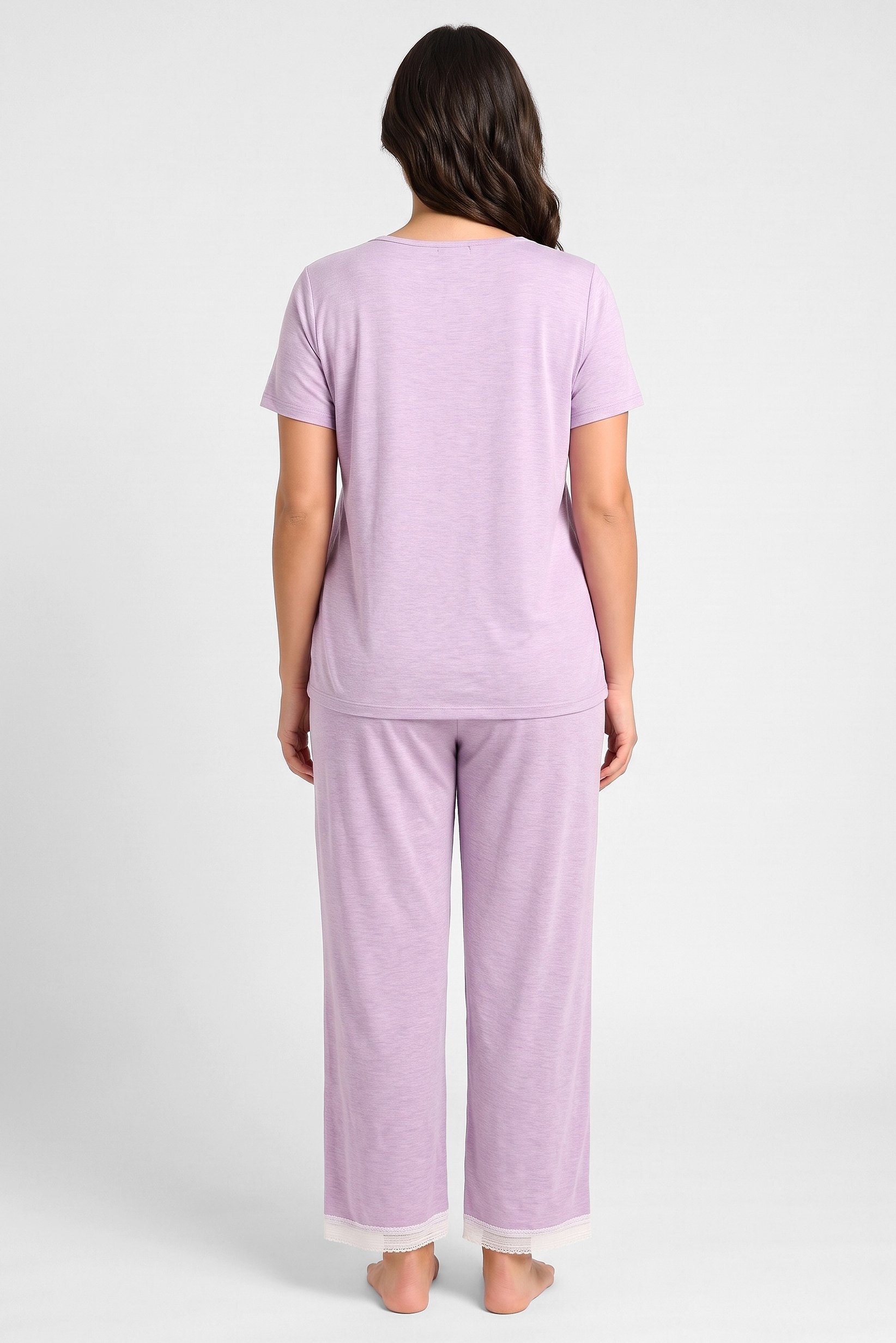 Women 2 Pcs Heather Short Sleeve T-Shirt And Pants Pyjama Set, Light Purple