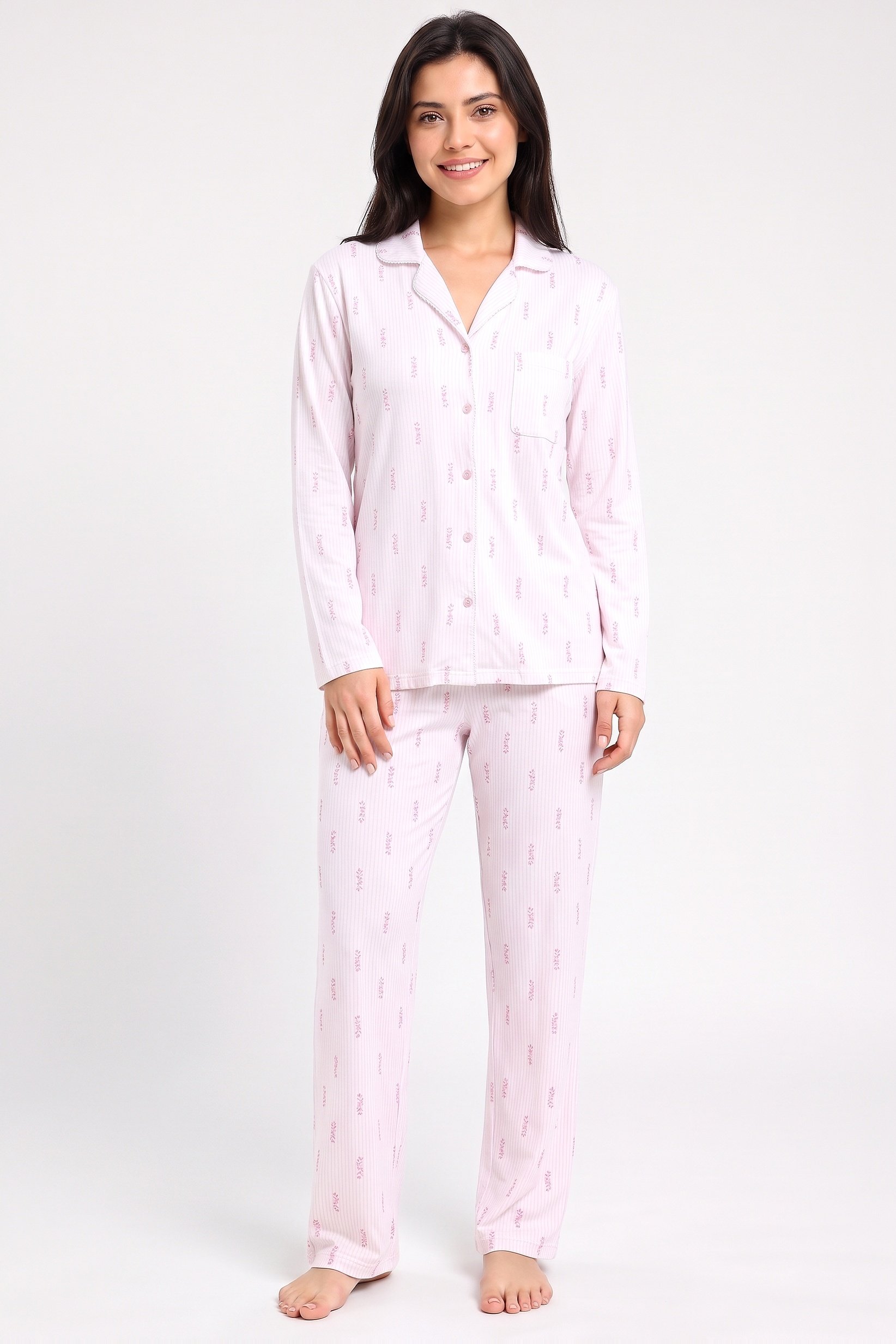 Women 2 Pcs Floral Print Long Sleeve Pyjama Top And Pants Set, Multicolor