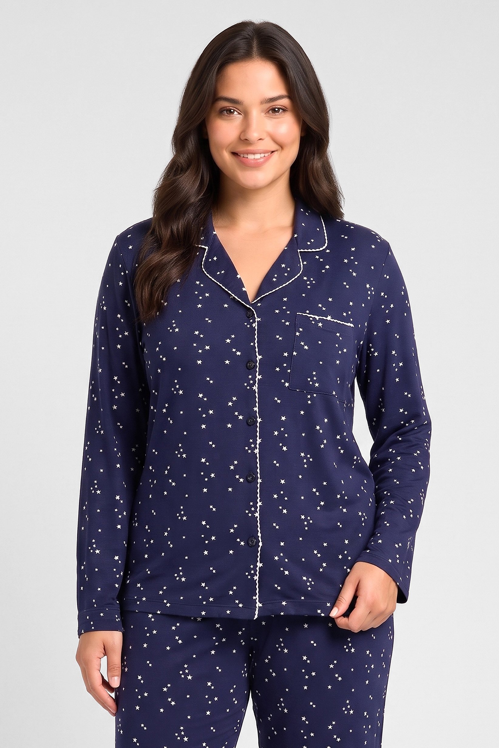 Women 2 Pieces Allover Print Long Sleeve Top And Bottom Pyjama Set, Navy