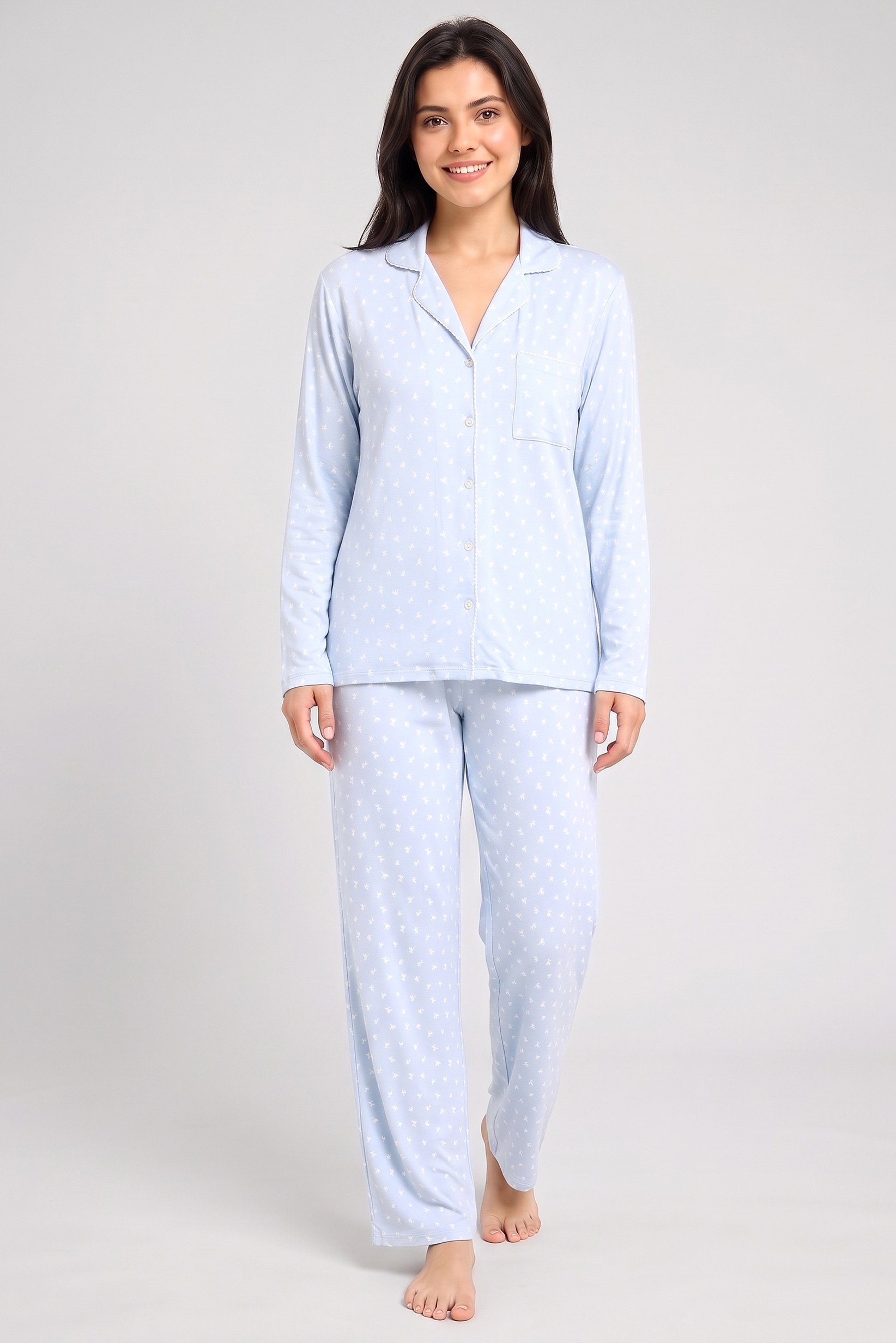 Women 2 Pieces Allover Print Long Sleeve Shirt With Pants Pyjama Set, Multicolor