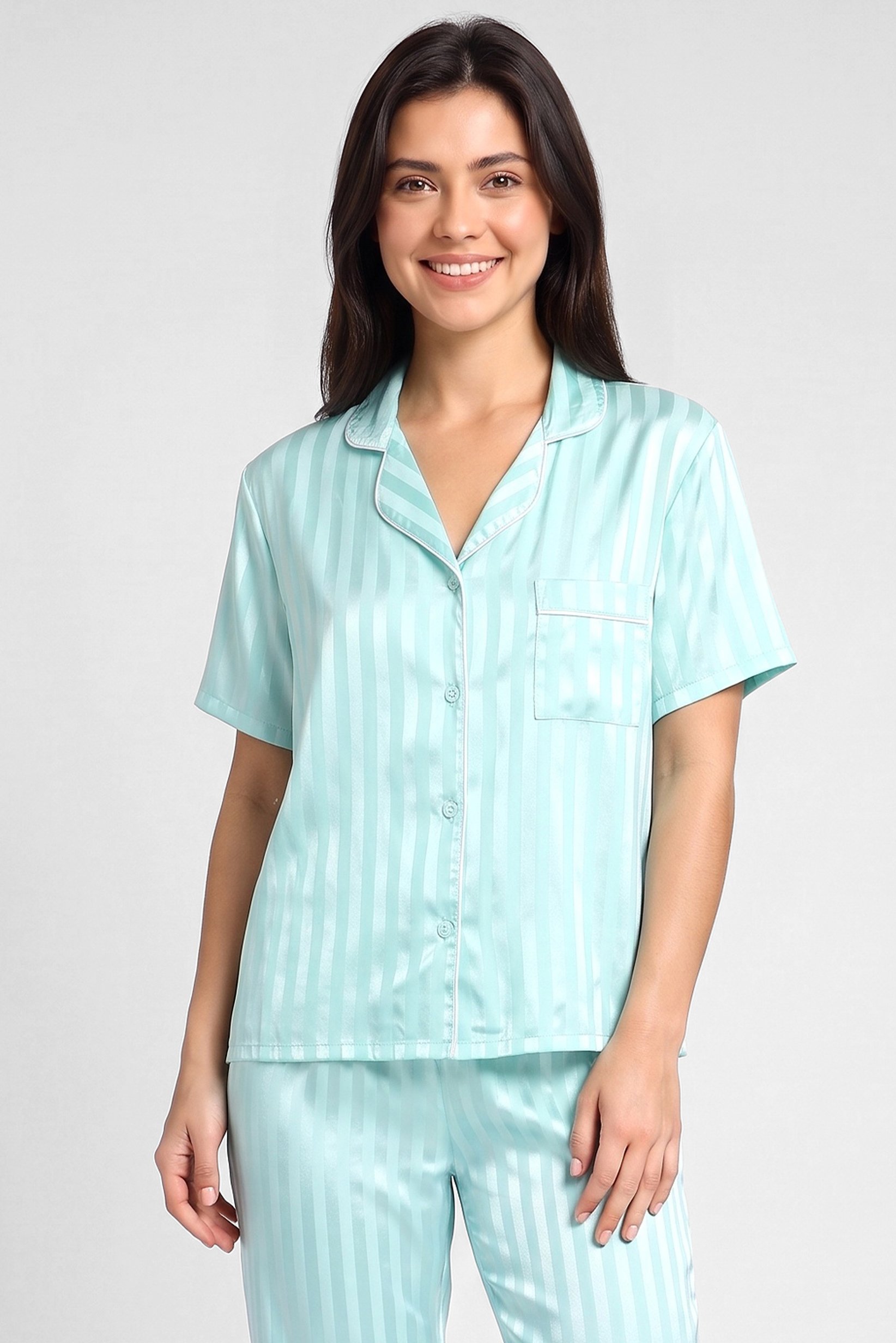 Women 2 Pcs Stripes Short Sleeve Top And Pants Pyjama Set, Mint