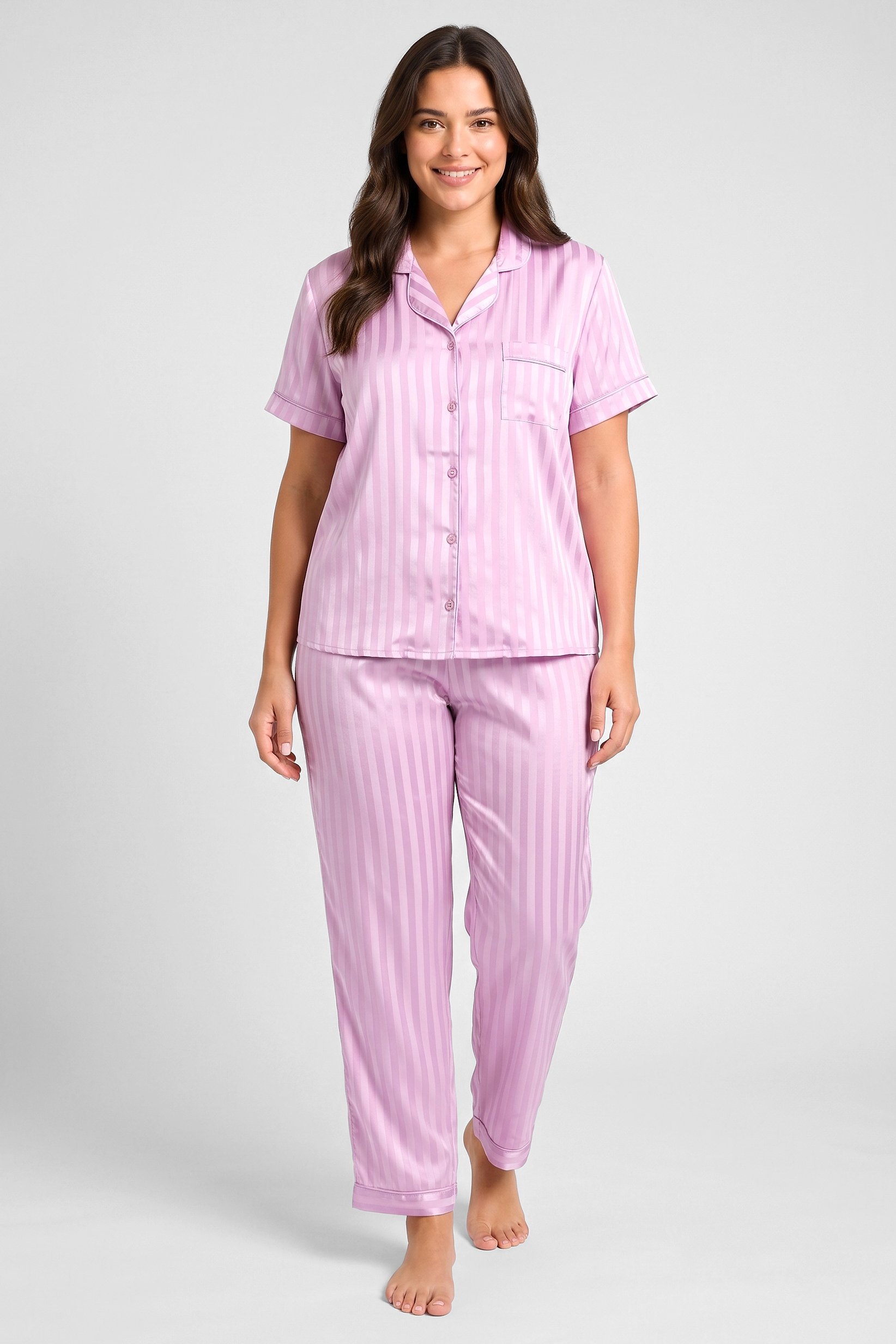 Women 2 Pcs Stripes Short Sleeve Top And Pants Pyjama Set, Light Purple
