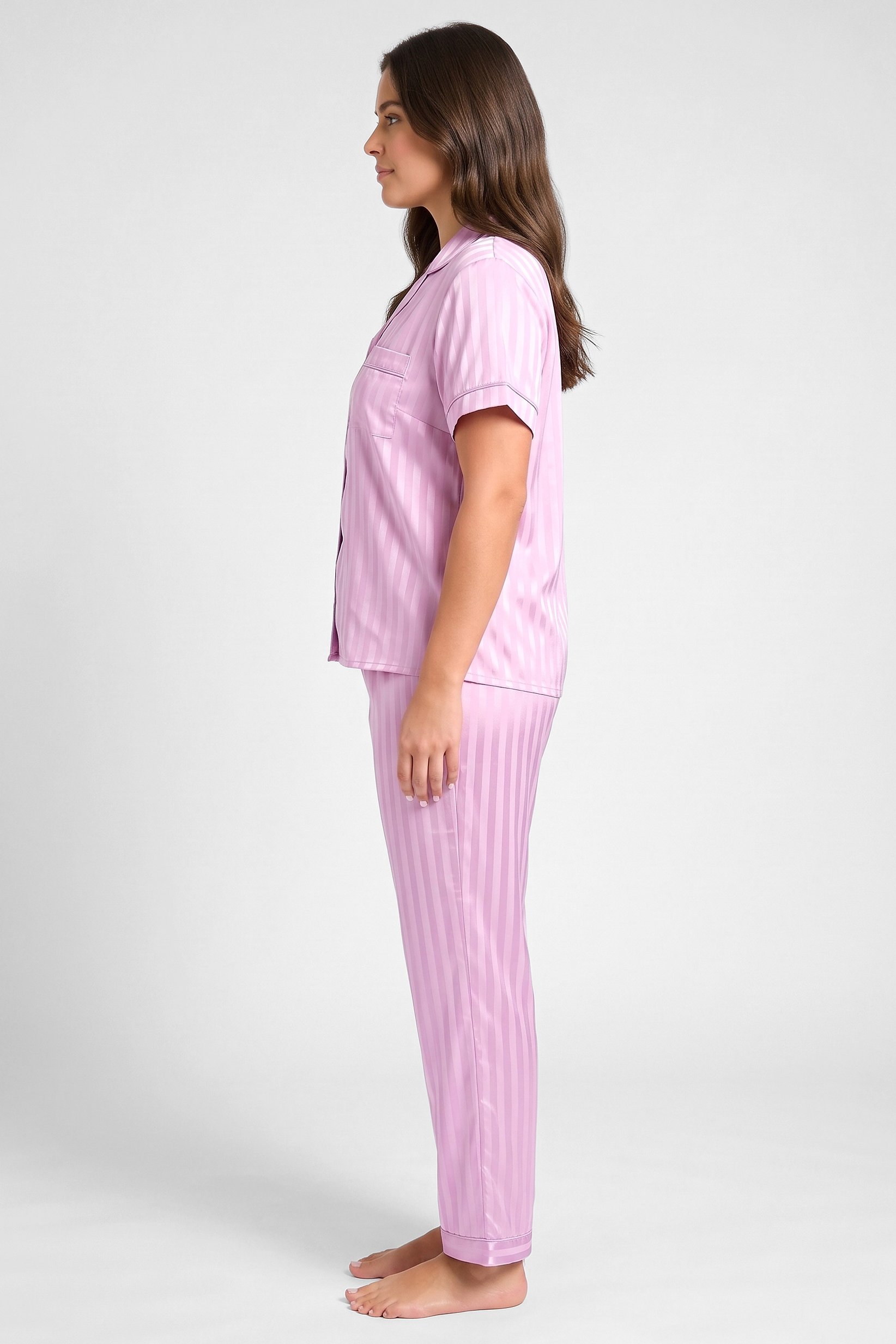 Women 2 Pcs Stripes Short Sleeve Top And Pants Pyjama Set, Light Purple