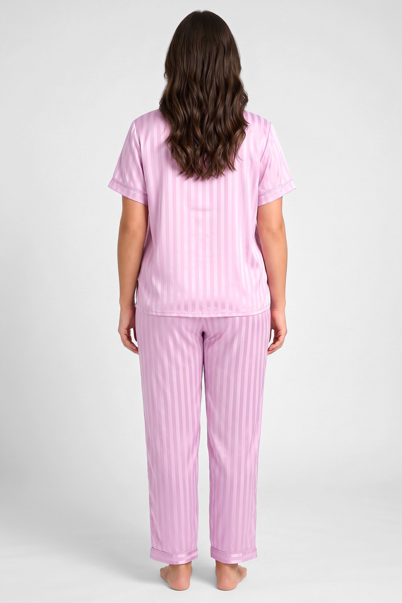 Women 2 Pcs Stripes Short Sleeve Top And Pants Pyjama Set, Light Purple