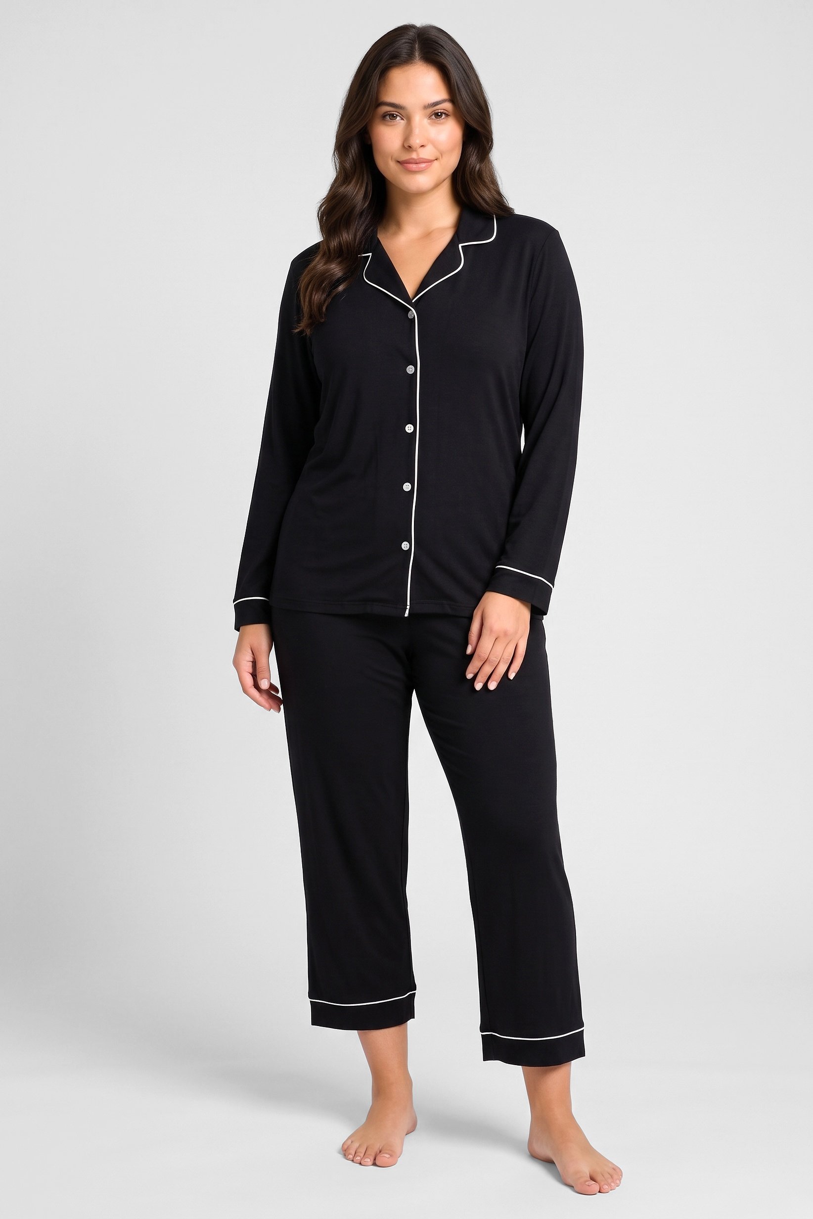 Women 2 Pcs Plain Long Sleeve Shirt And Pants Pyjama Set, Black