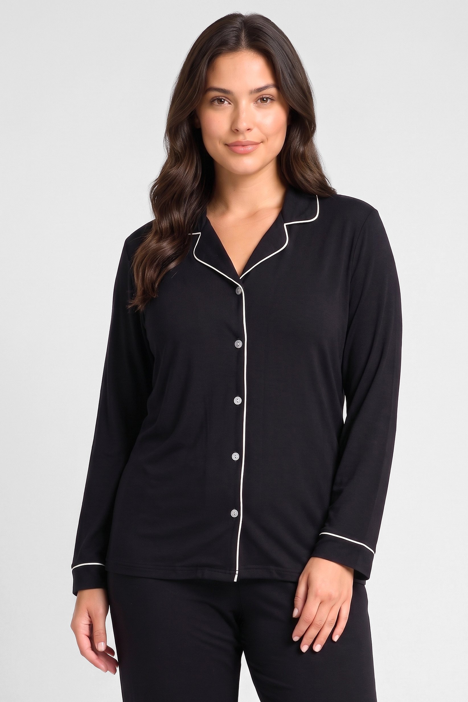 Women 2 Pcs Plain Long Sleeve Shirt And Pants Pyjama Set, Black