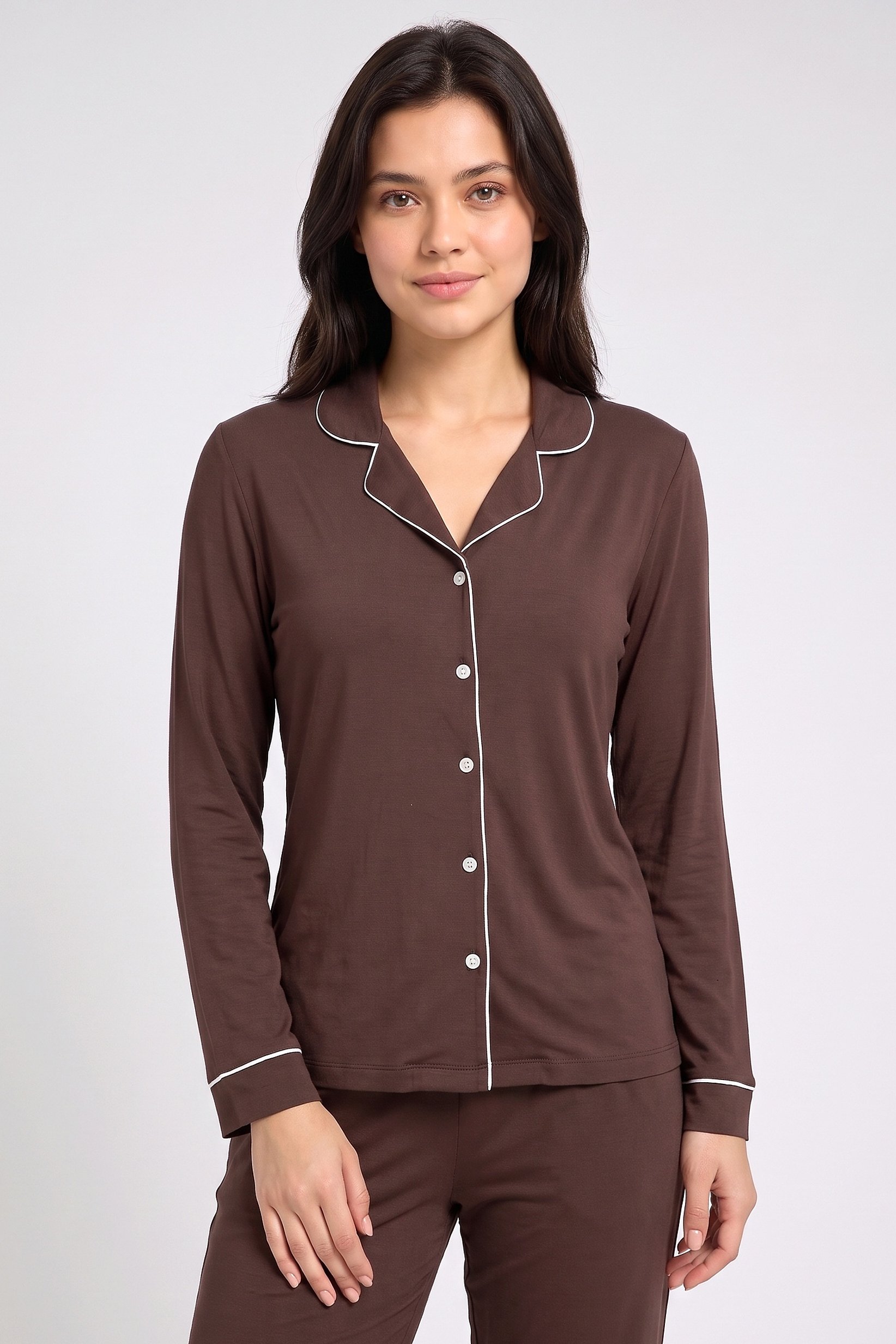 Women 2 Pcs Plain Long Sleeve Shirt And Pants Pyjama Set, Dark Brown