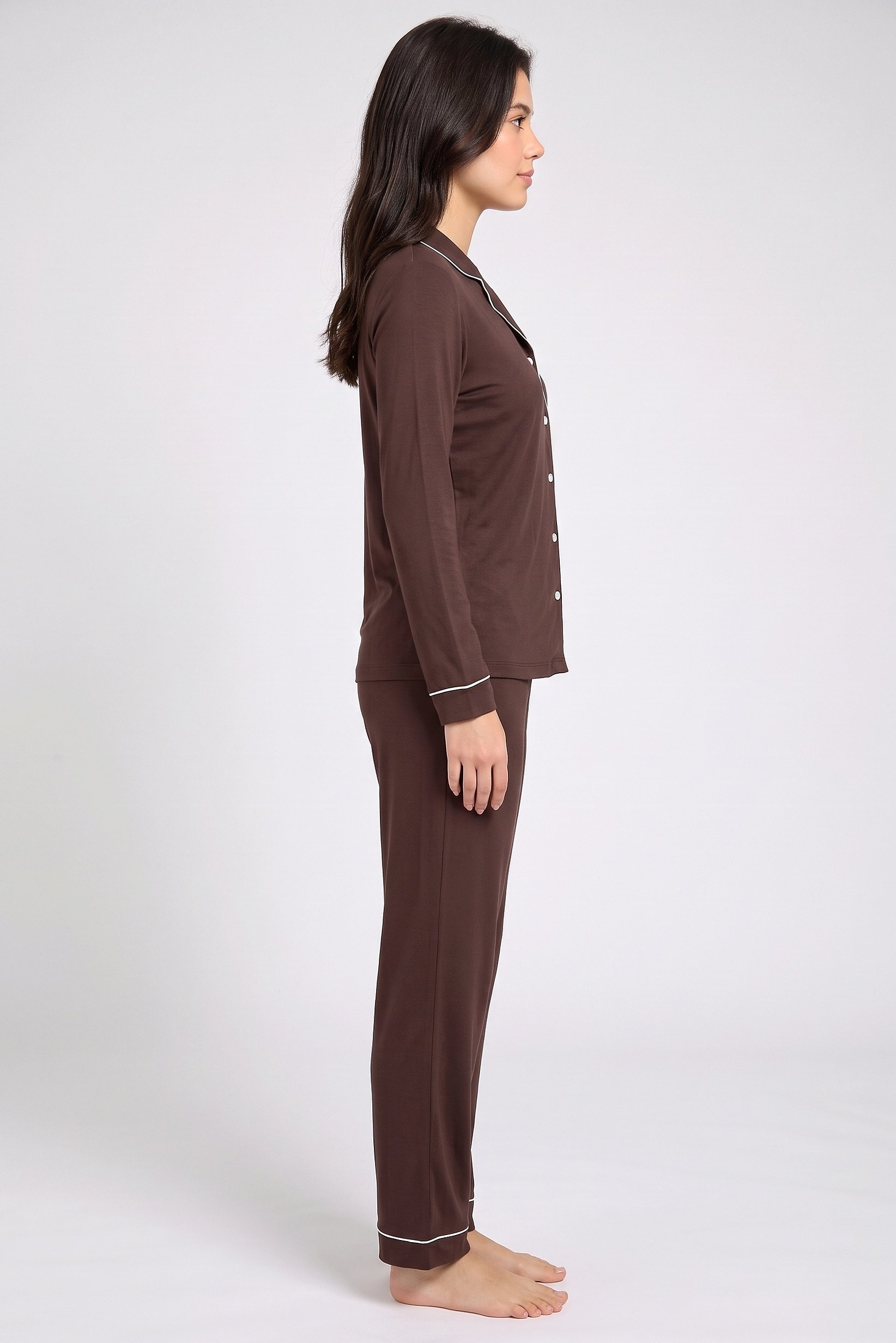 Women 2 Pcs Plain Long Sleeve Shirt And Pants Pyjama Set, Dark Brown