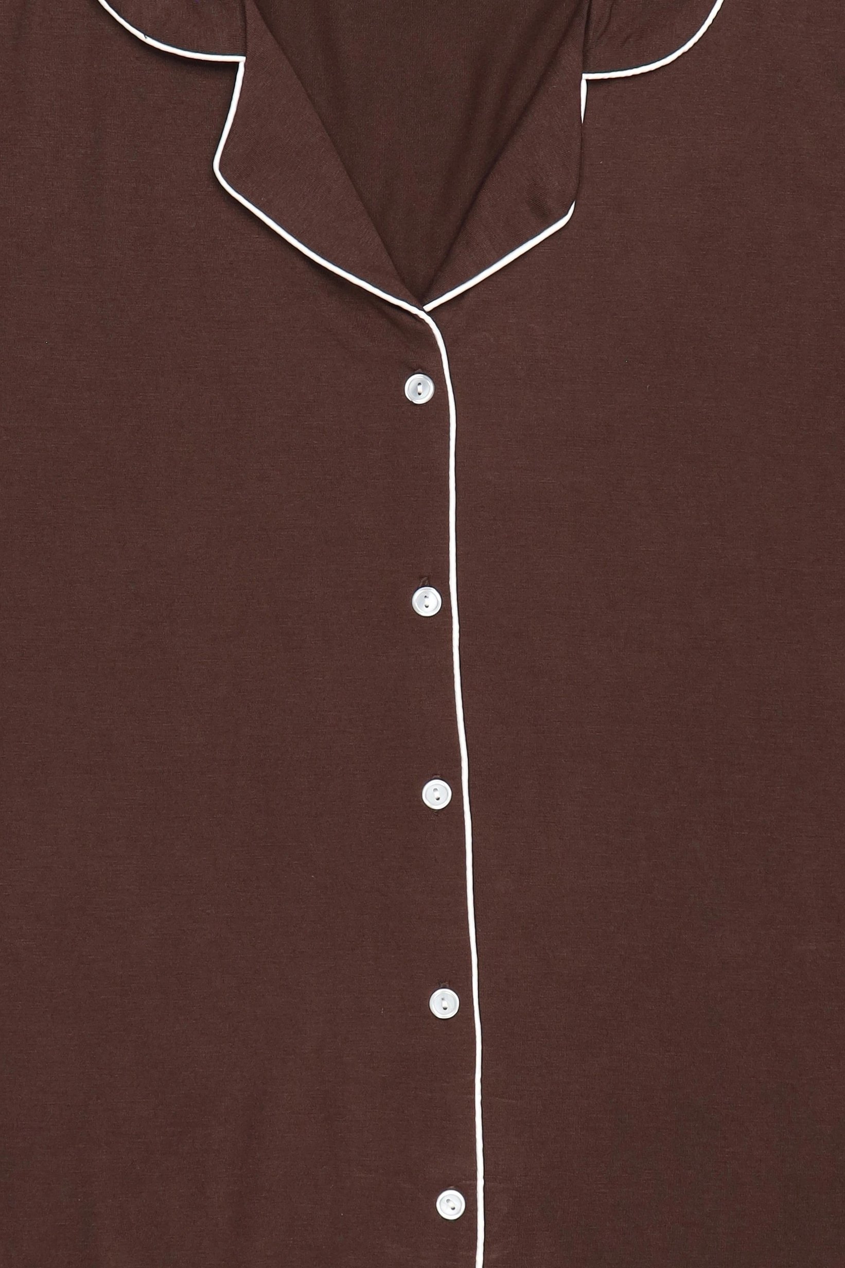 Women 2 Pcs Plain Long Sleeve Shirt And Pants Pyjama Set, Dark Brown