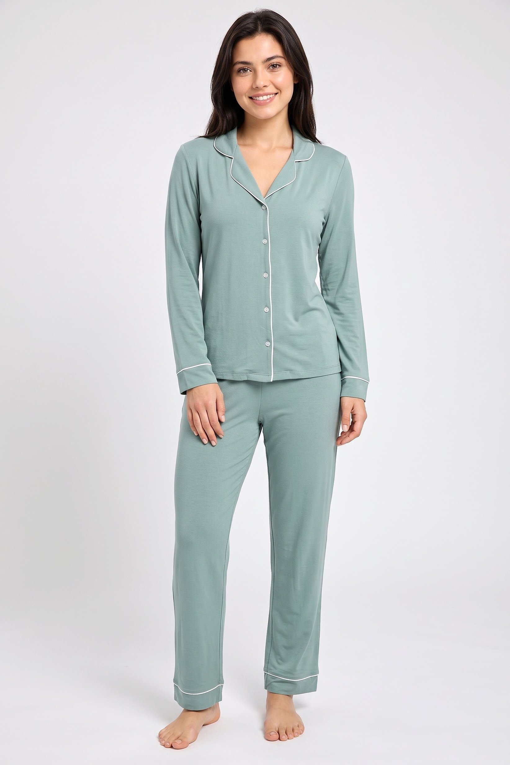 Women 2 Pcs Plain Long Sleeve Shirt And Pants Pyjama Set, Sage