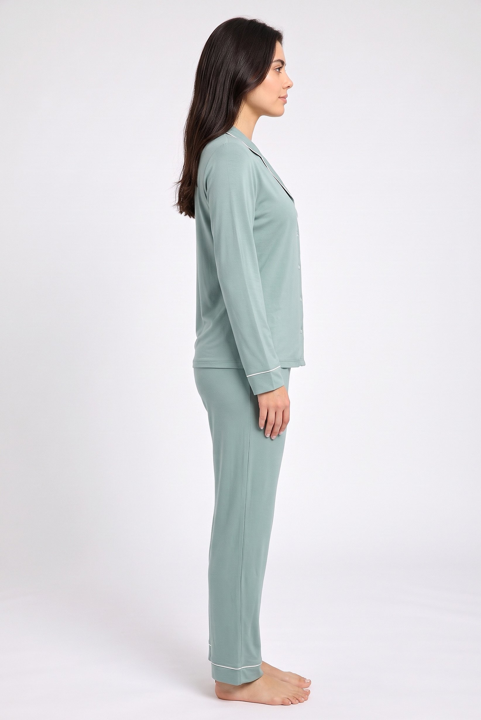 Women 2 Pcs Plain Long Sleeve Shirt And Pants Pyjama Set, Sage