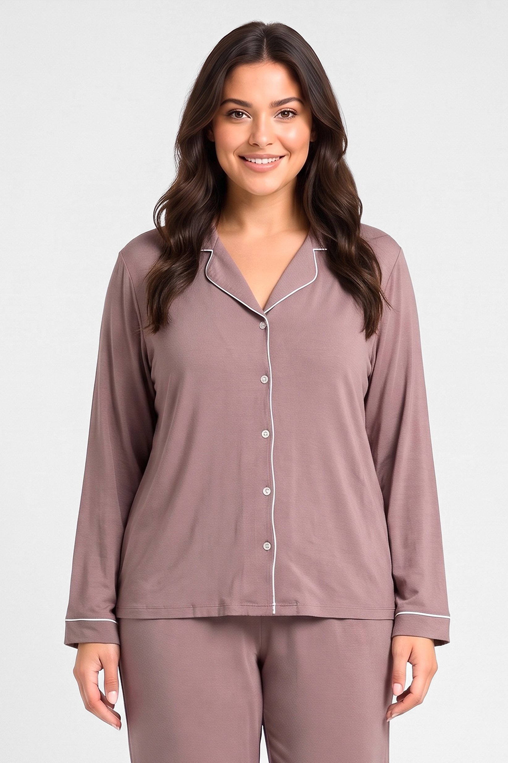 Women 2 Pcs Plain Long Sleeve Shirt And Bottom Pyjama Set, Mauve