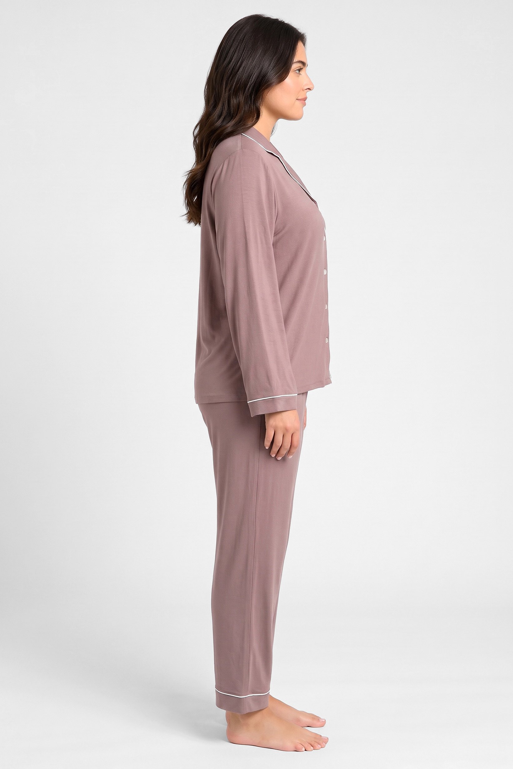 Women 2 Pcs Plain Long Sleeve Shirt And Bottom Pyjama Set, Mauve