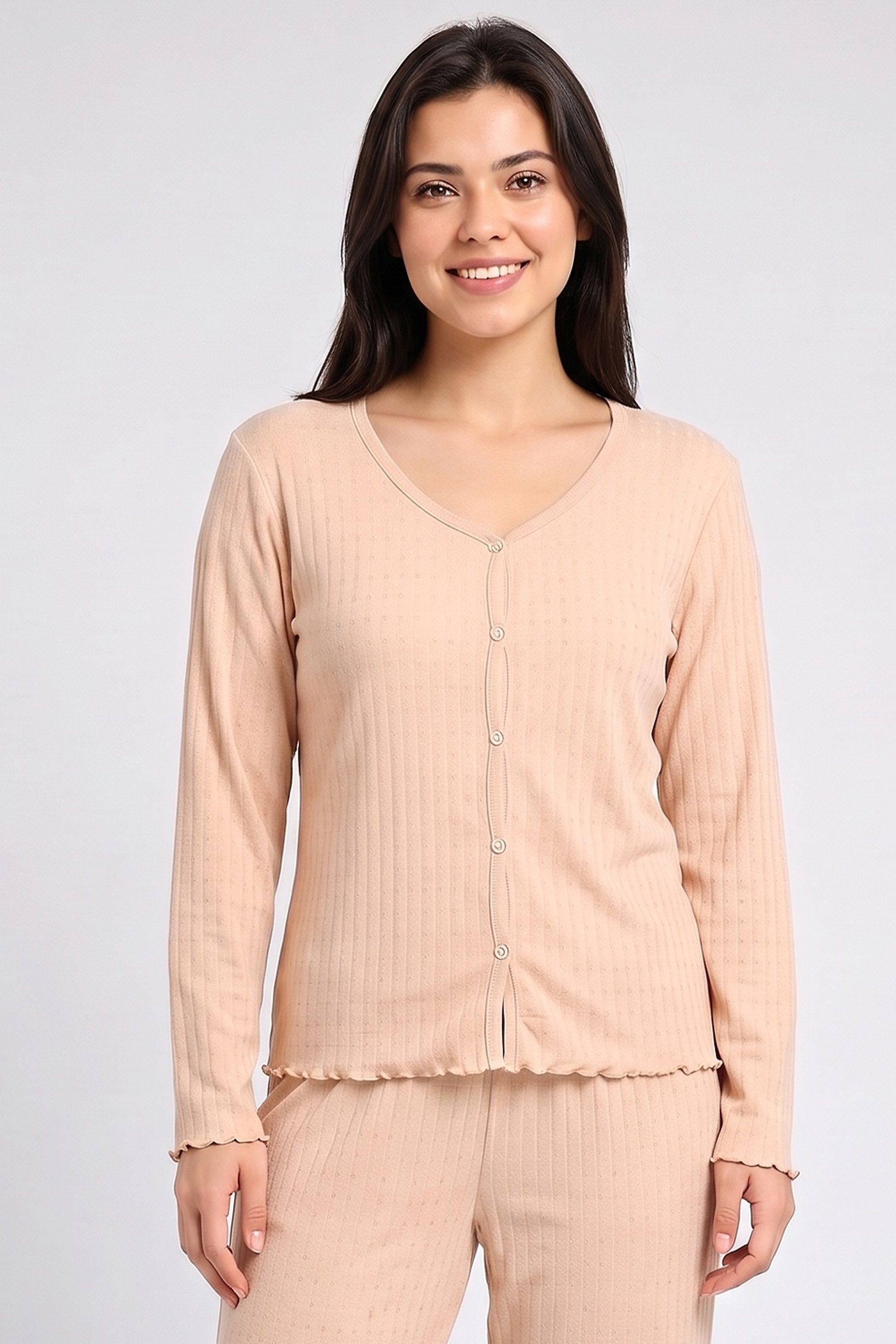 Women 2 Pieces Long Sleeve Top And Bottom Pajama Set, Dark Peach
