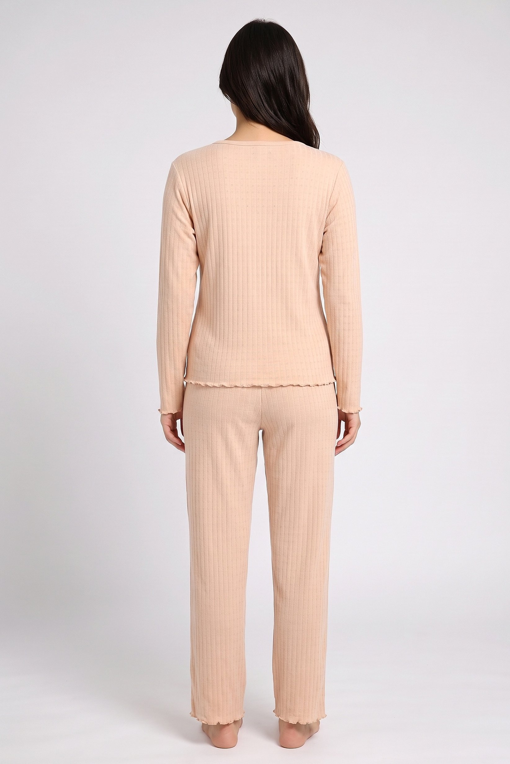 Women 2 Pieces Long Sleeve Top And Bottom Pajama Set, Dark Peach