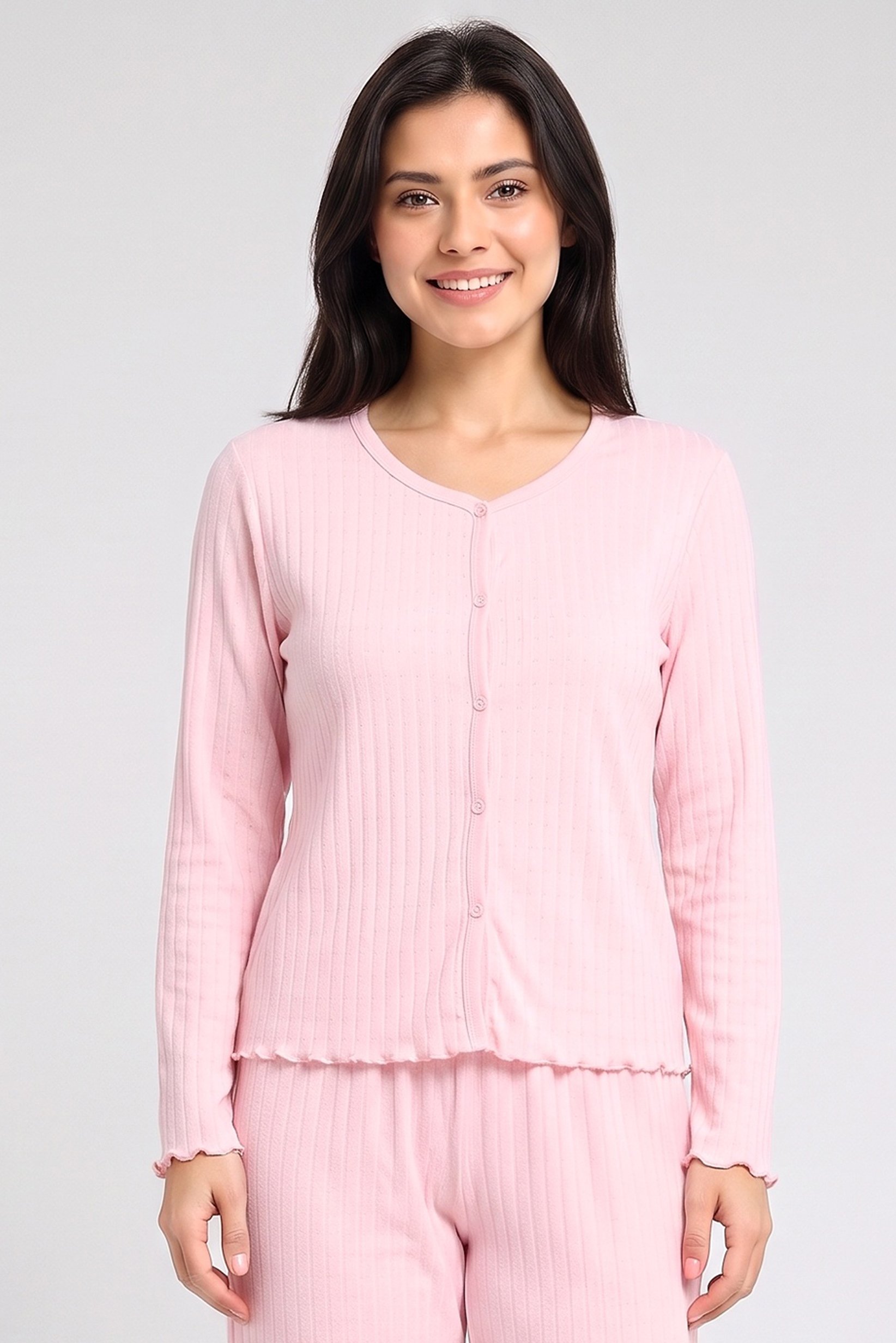 Women 2 Pieces Textured Long Sleeve Shirt With Pants Pyjama Set, Pink