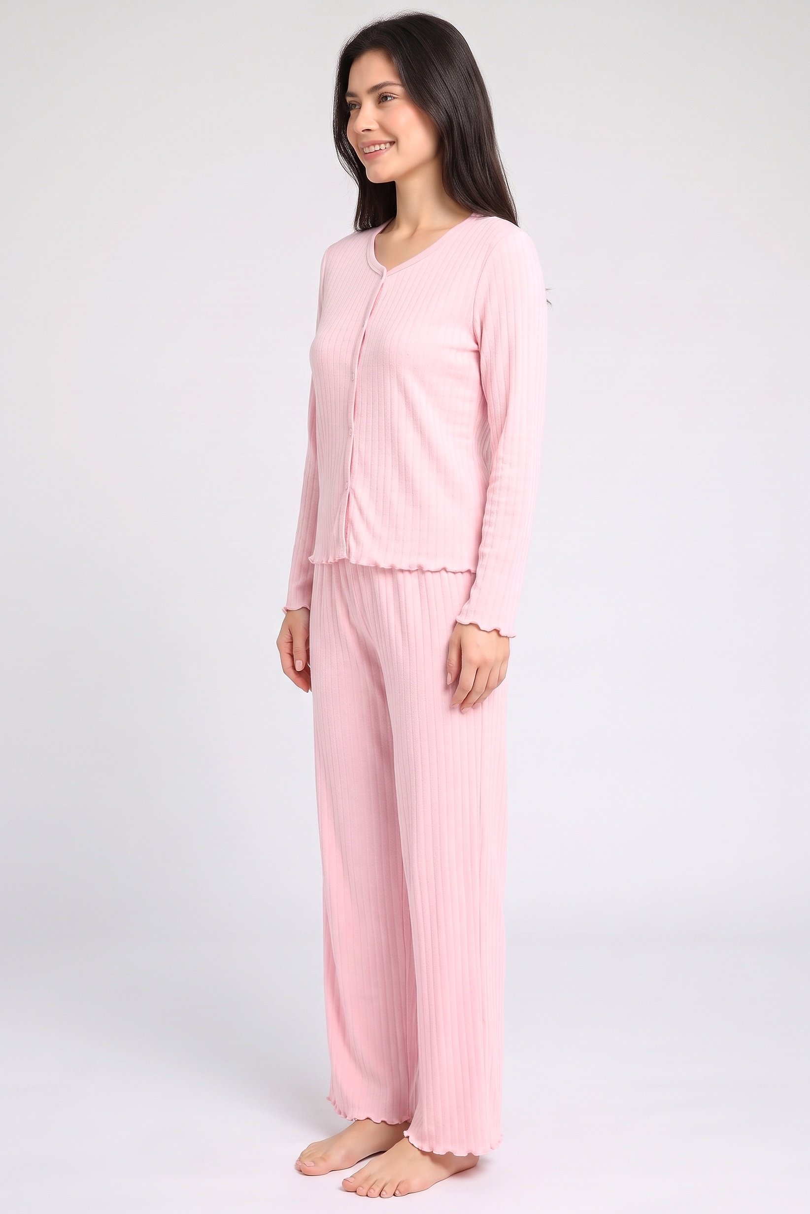 Women 2 Pieces Textured Long Sleeve Shirt With Pants Pyjama Set, Pink