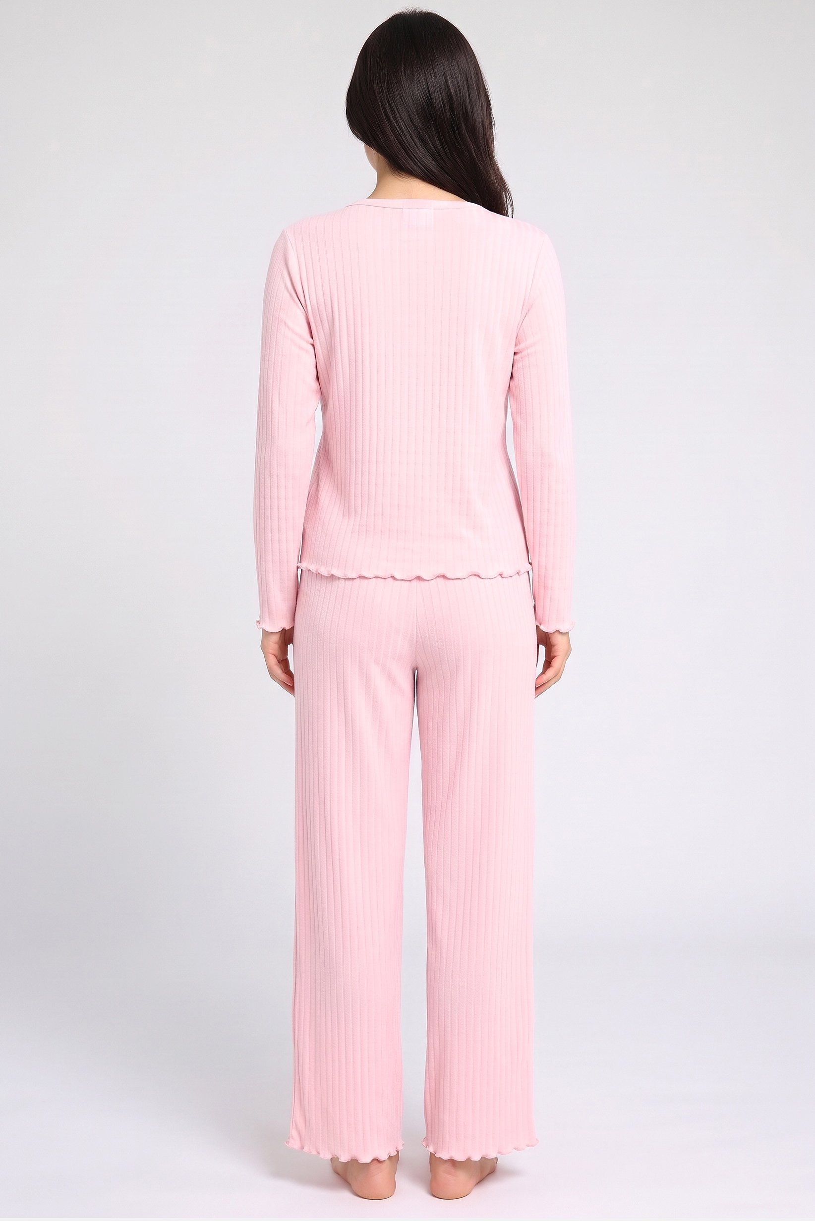 Women 2 Pieces Textured Long Sleeve Shirt With Pants Pyjama Set, Pink