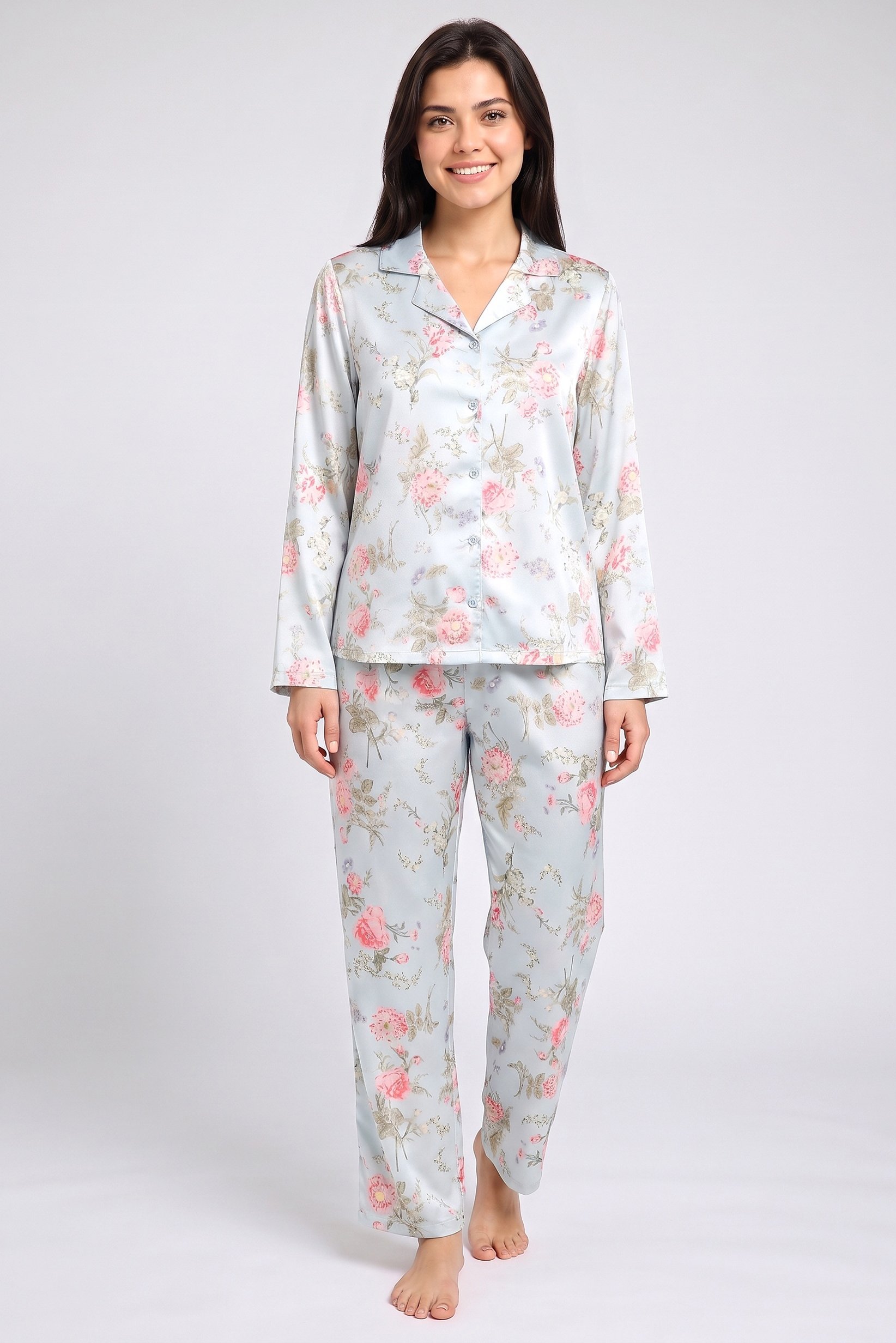 Women 2 Pcs Floral Print Long Sleeve Shirt And Bottom Pyjama Set, Multicolor