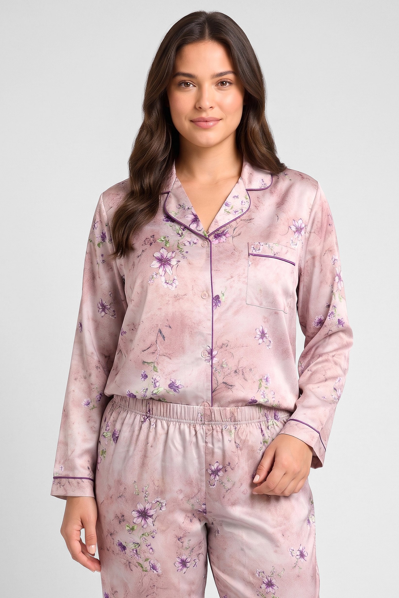 Women 2 Pieces Floral Print Long Sleeve Shirt And Pants Sleepwear Set, Multicolor