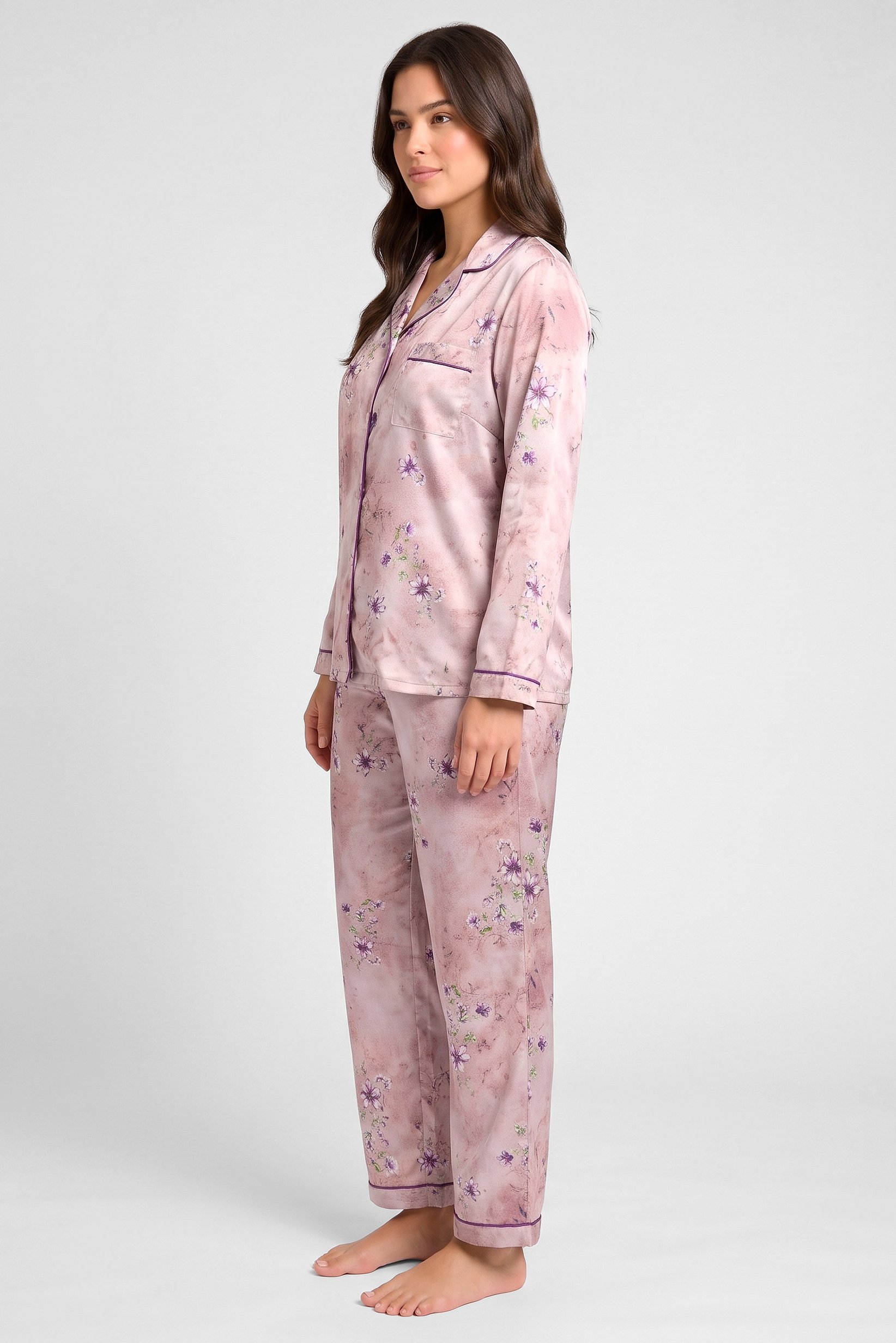 Women 2 Pieces Floral Print Long Sleeve Shirt And Pants Sleepwear Set, Multicolor