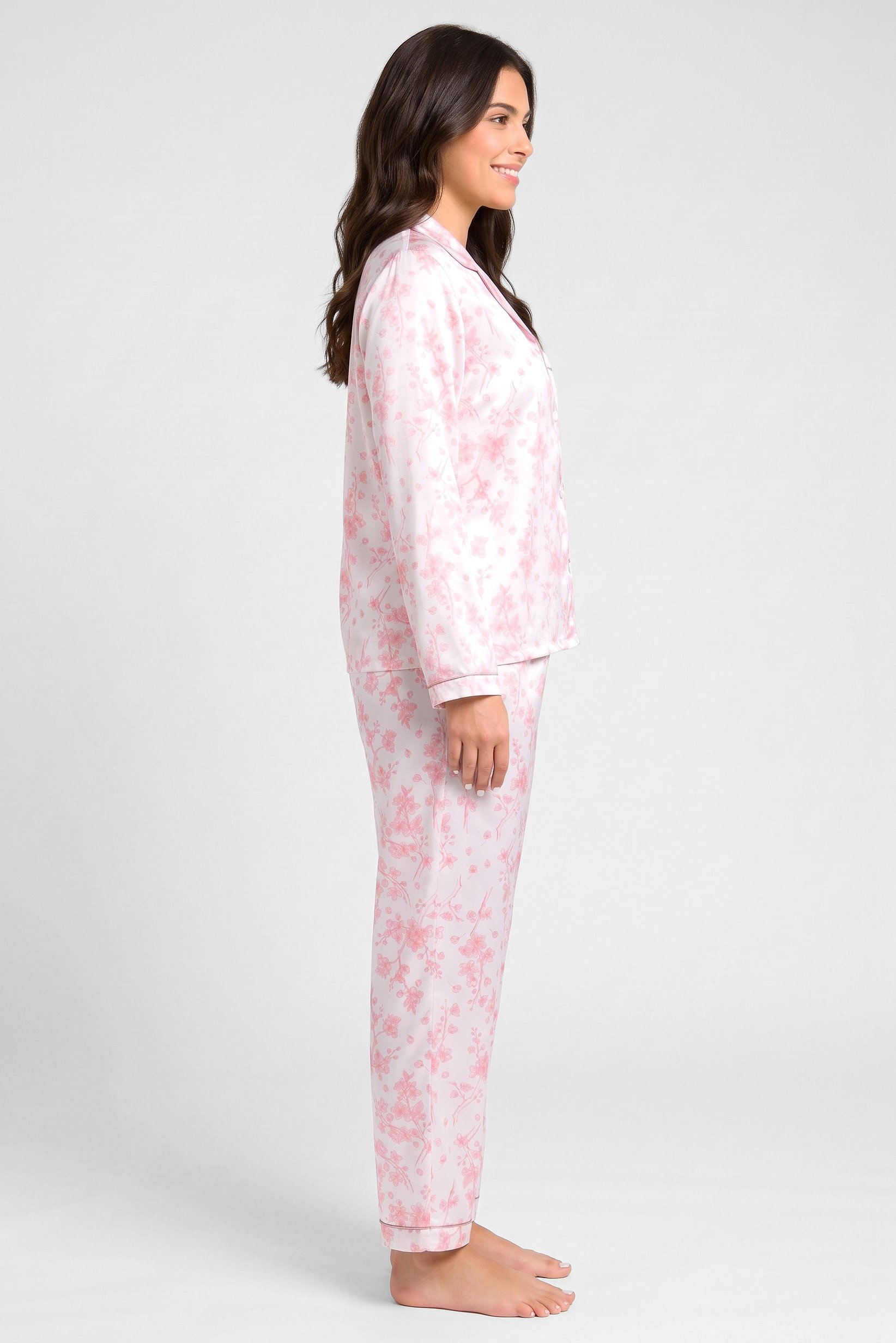 Women 2 Pieces Floral Print Long Sleeve Shirt With Pants Sleepwear Set, Pink