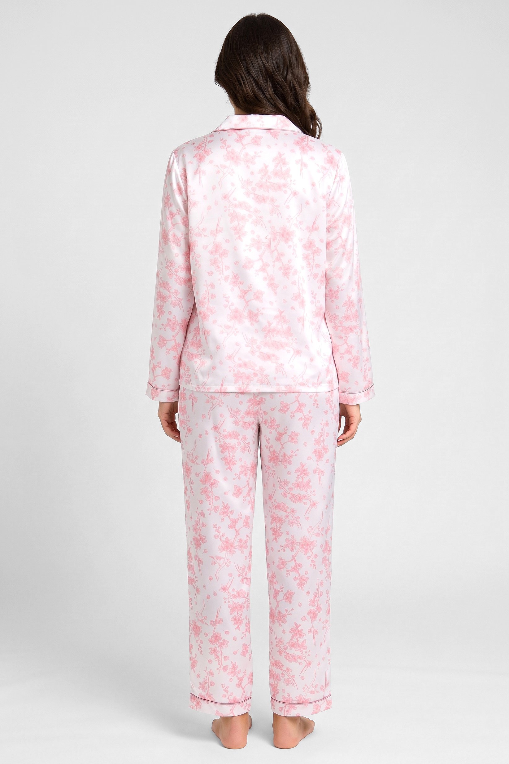Women 2 Pieces Floral Print Long Sleeve Shirt With Pants Sleepwear Set, Pink