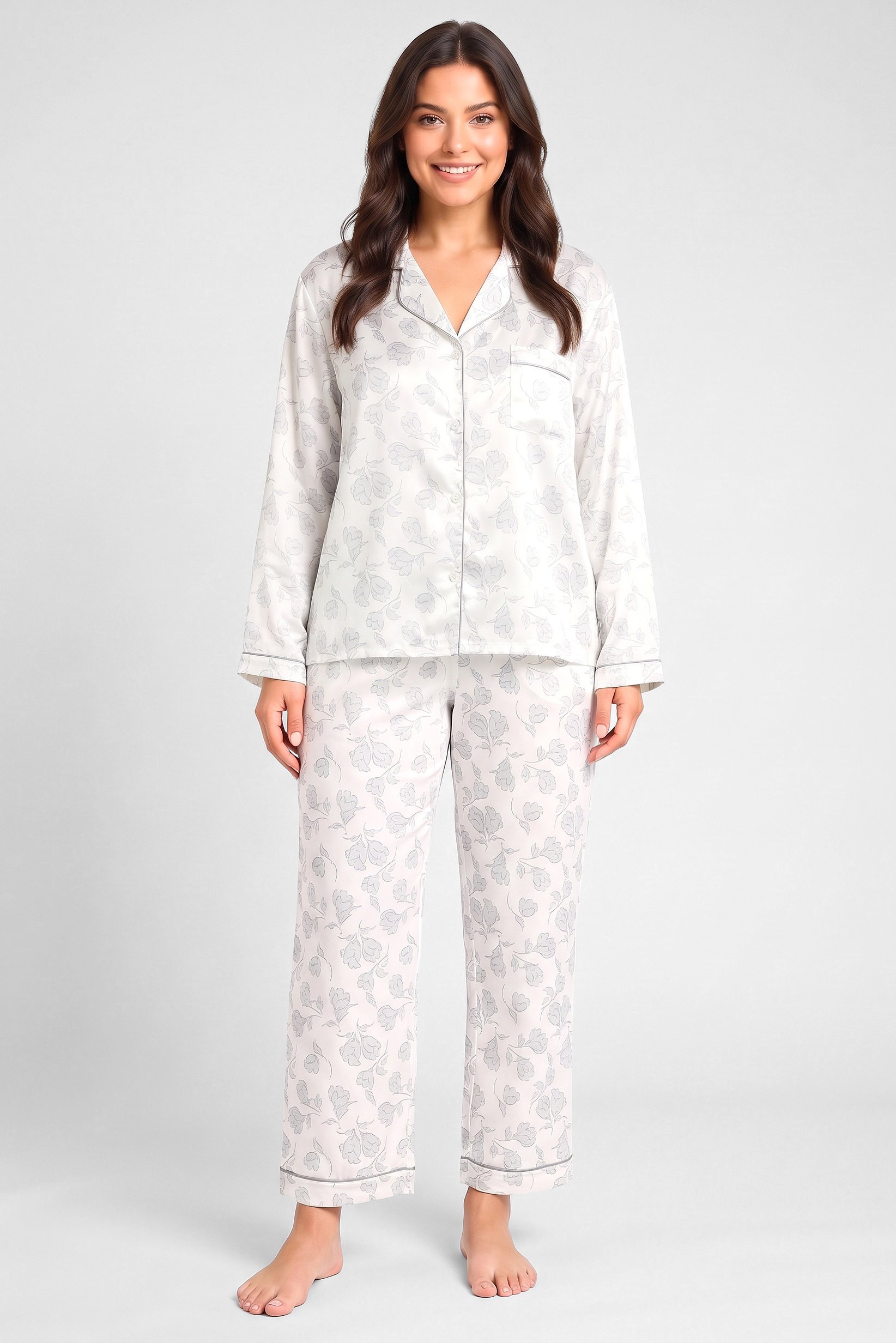 Women 2 Pieces Allover Print Long Sleeve Shirt With Pants Sleepwear Set, Multicolor