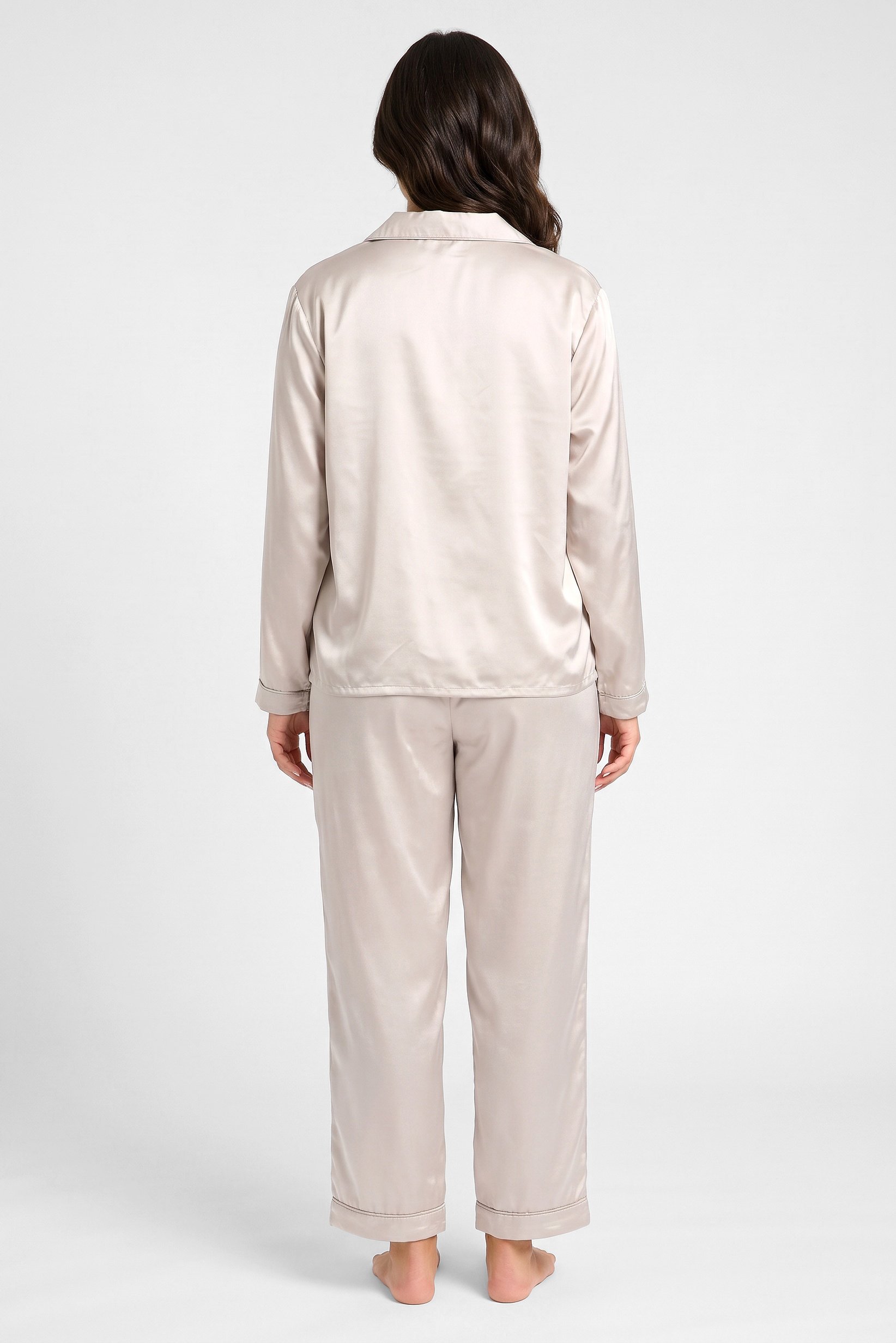 Women 2 Pcs Plain Long Sleeve Shirt And Pants Pyjama Set, Grey