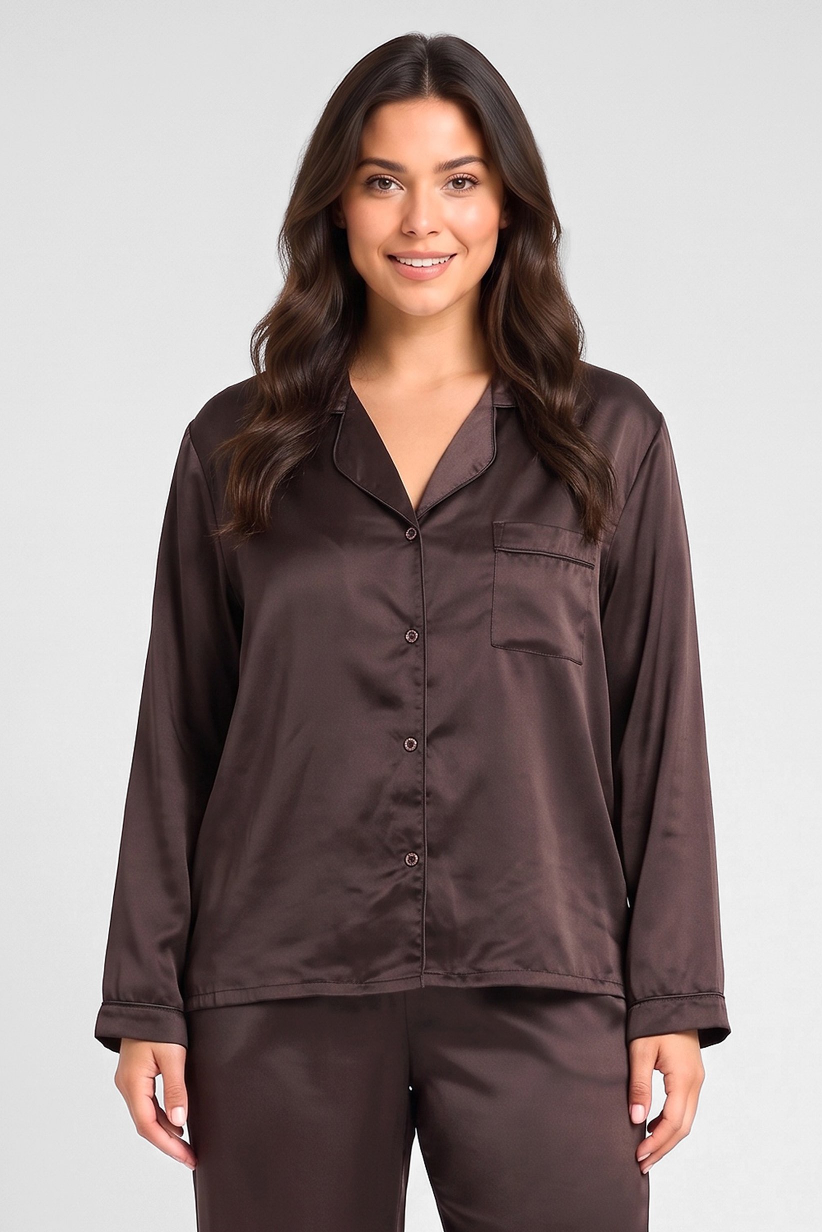 Women 2 Pcs Plain Long Sleeve Shirt And Pants Pyjama Set, Dark Brown