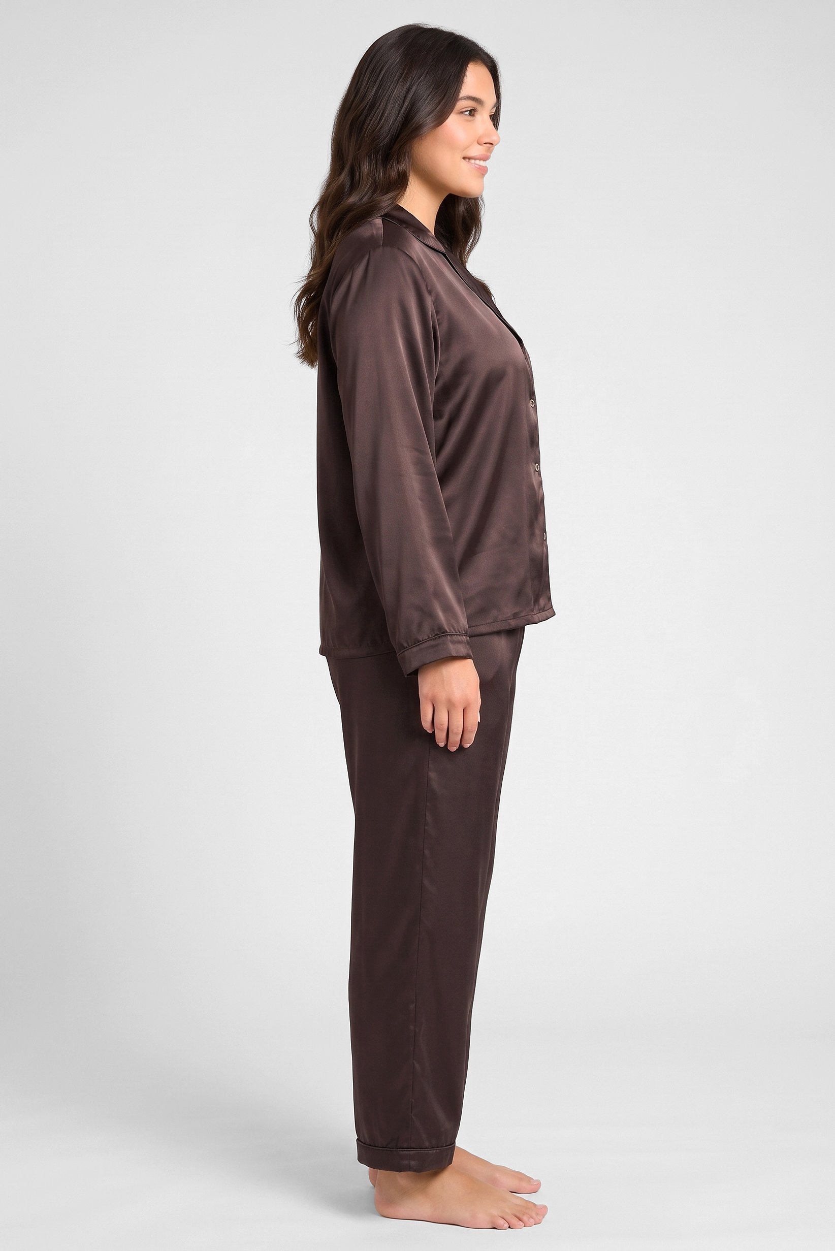 Women 2 Pcs Plain Long Sleeve Shirt And Pants Pyjama Set, Dark Brown