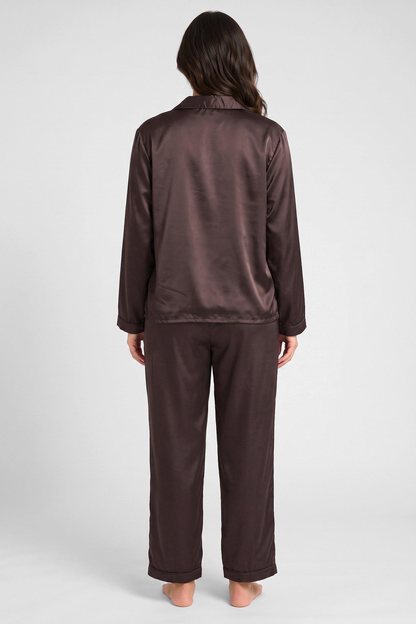 Women 2 Pcs Plain Long Sleeve Shirt And Pants Pyjama Set, Dark Brown
